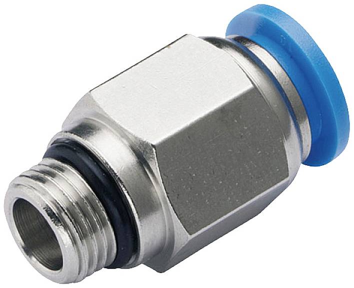 Ein Metall-Fittungsanschluss mit zylindrischem Gewinde und blauem Plastikring, vermutlich für Pneumatik- oder Hydrauliksysteme.