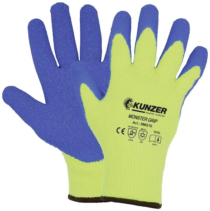 Zwei Arbeits-Handschuhe, einer über dem anderen, in blau und neon-gelb. Aufdruck zeigt 'KUNZER MONSTER GRIP' mit Sicherheits- und Größenangaben.