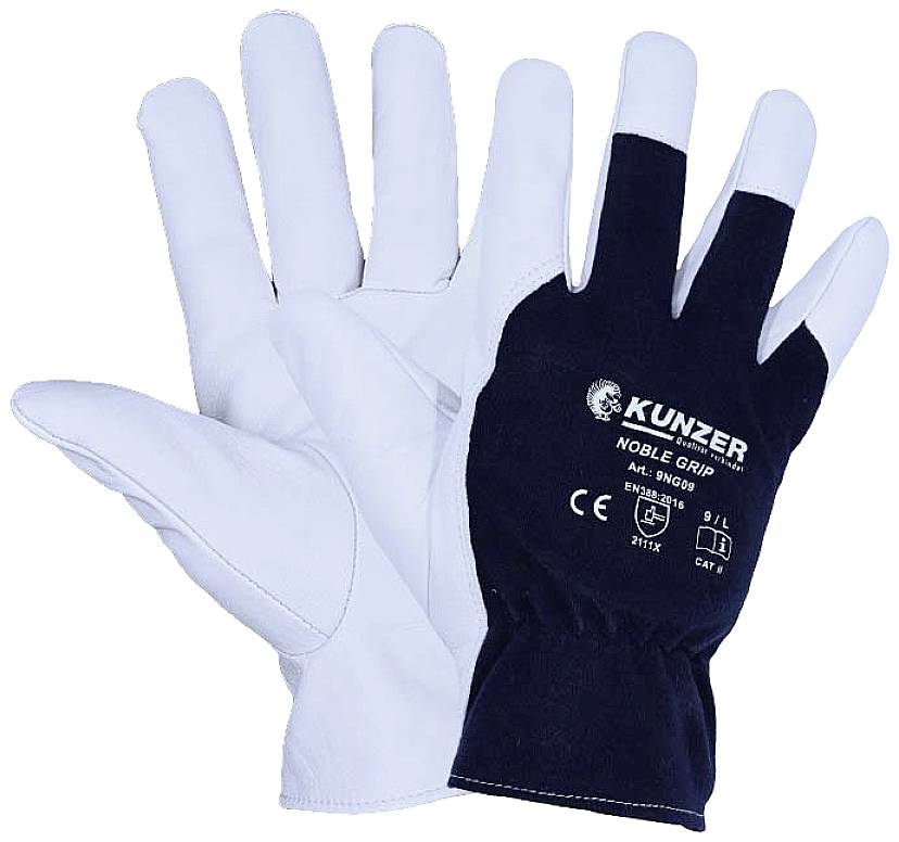 Zwei Arbeitshandschuhe, einer hell, einer mit schwarzer Handfläche. Der schwarze trägt die Aufschrift 'Kunzer Noble Grip'. Geeignet für sicheren Halt.