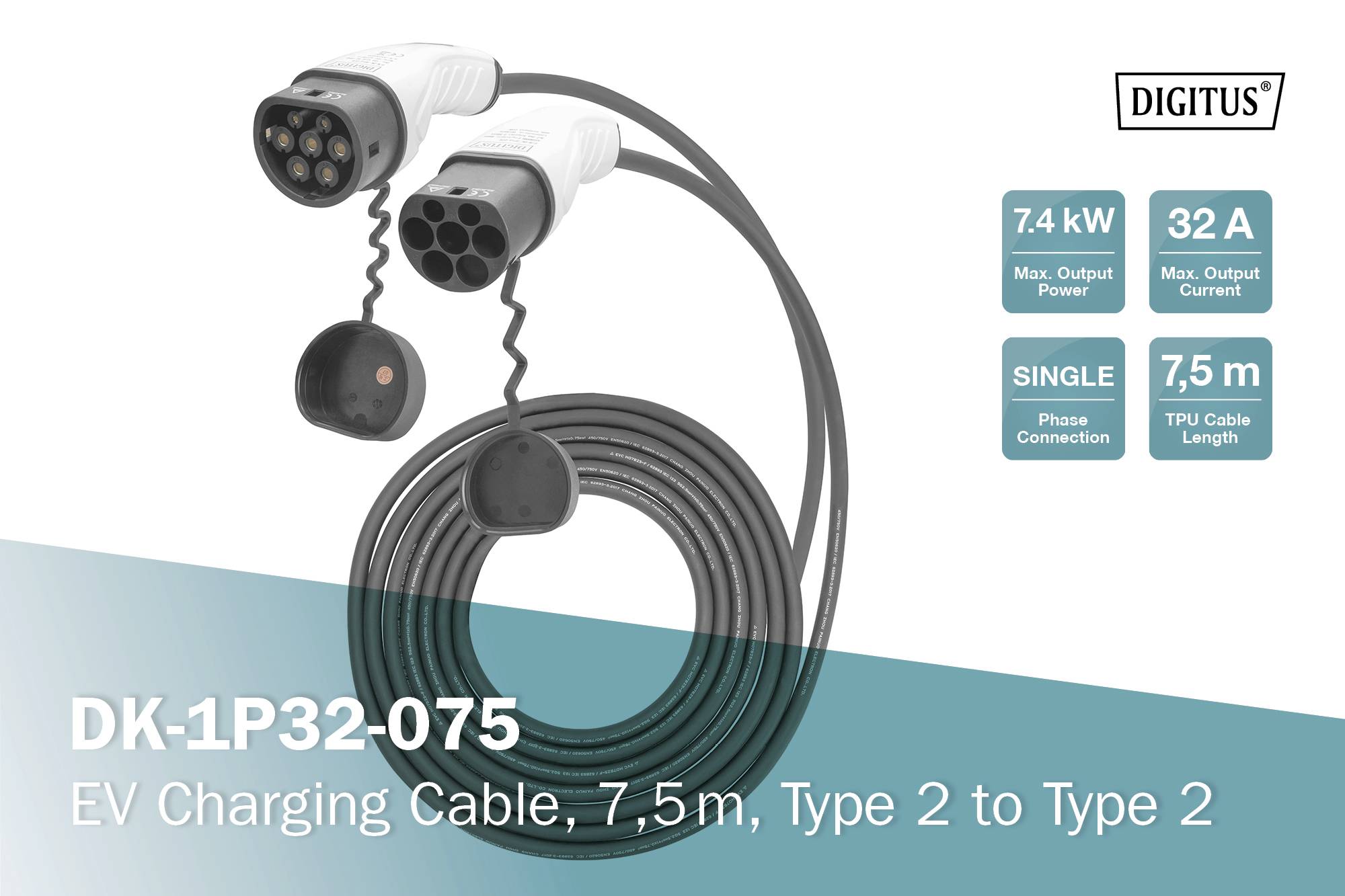 Ladekabel für Elektrofahrzeuge, 7,5 m, Typ 2 zu Typ 2, 7,4 kW Leistung, 32 A Ausgangsstrom, einphasig, TPU-Kabel.
