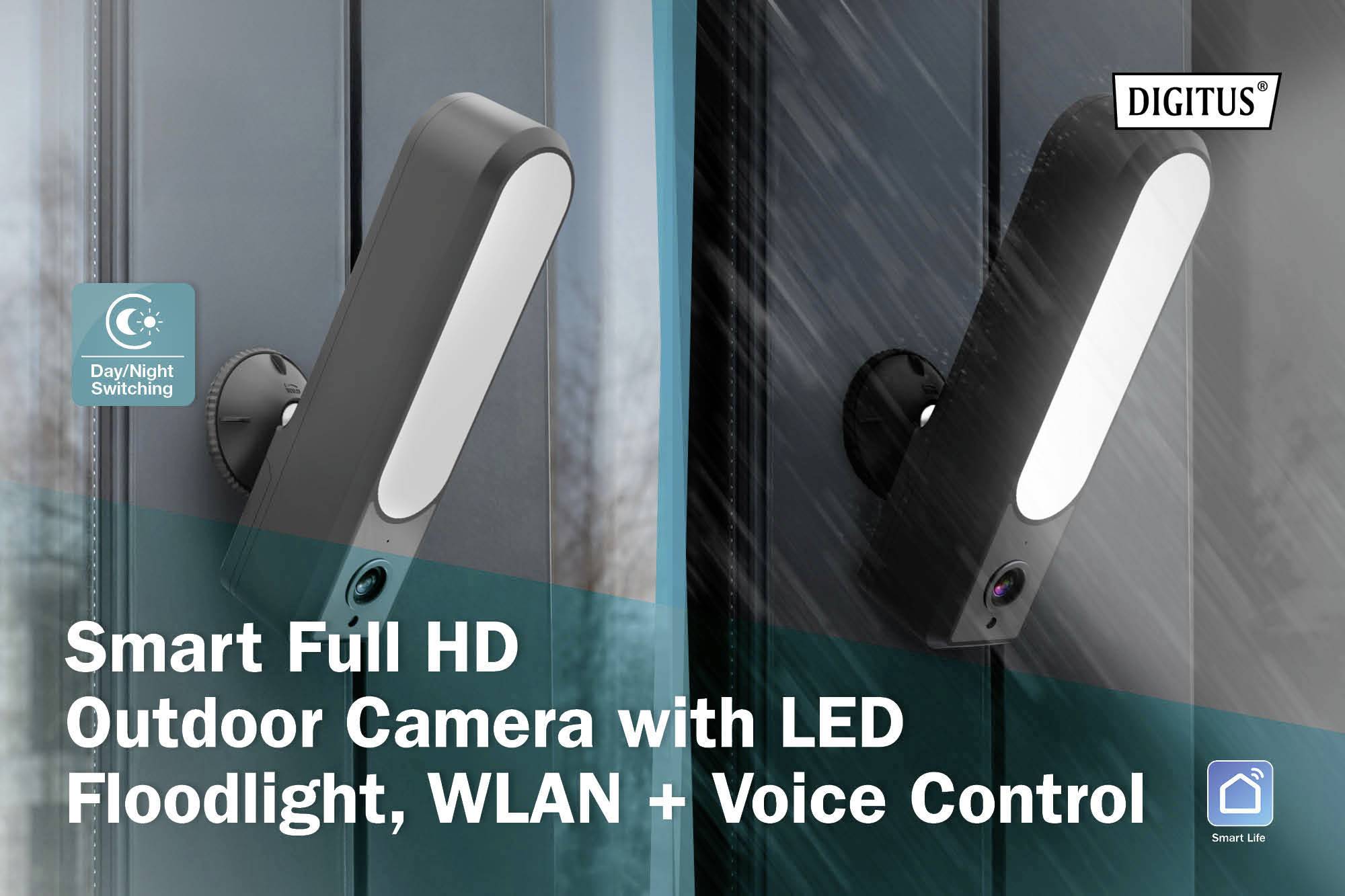 DIGITUS - Smarte Full HD-Außenkamera mit LED-Flutlicht, WLAN + Sprachsteuerung