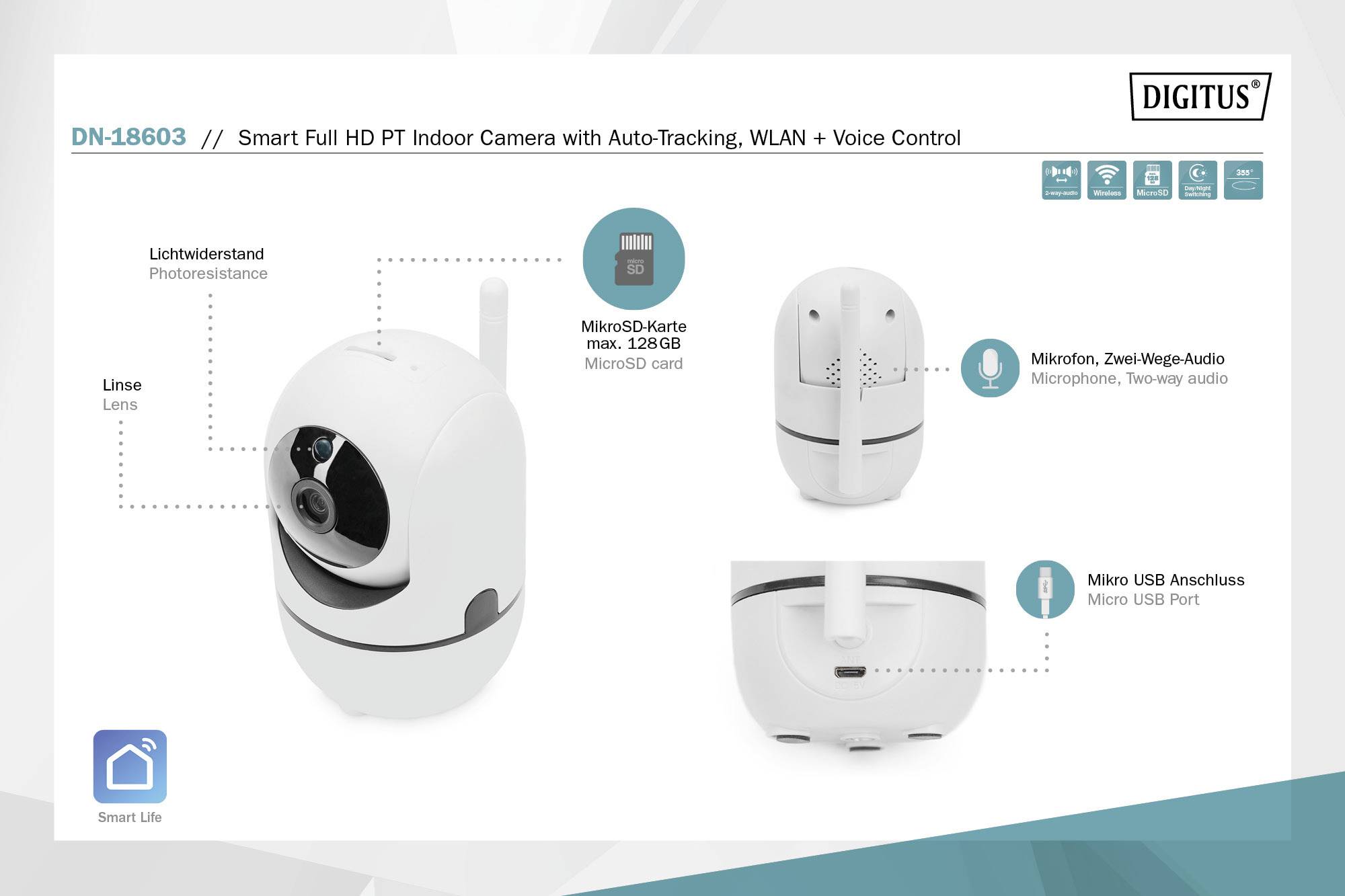 DIGITUS - Smarte Full HD PT-Innenkamera mit Auto-Tracking, WLAN + Sprachsteuerung