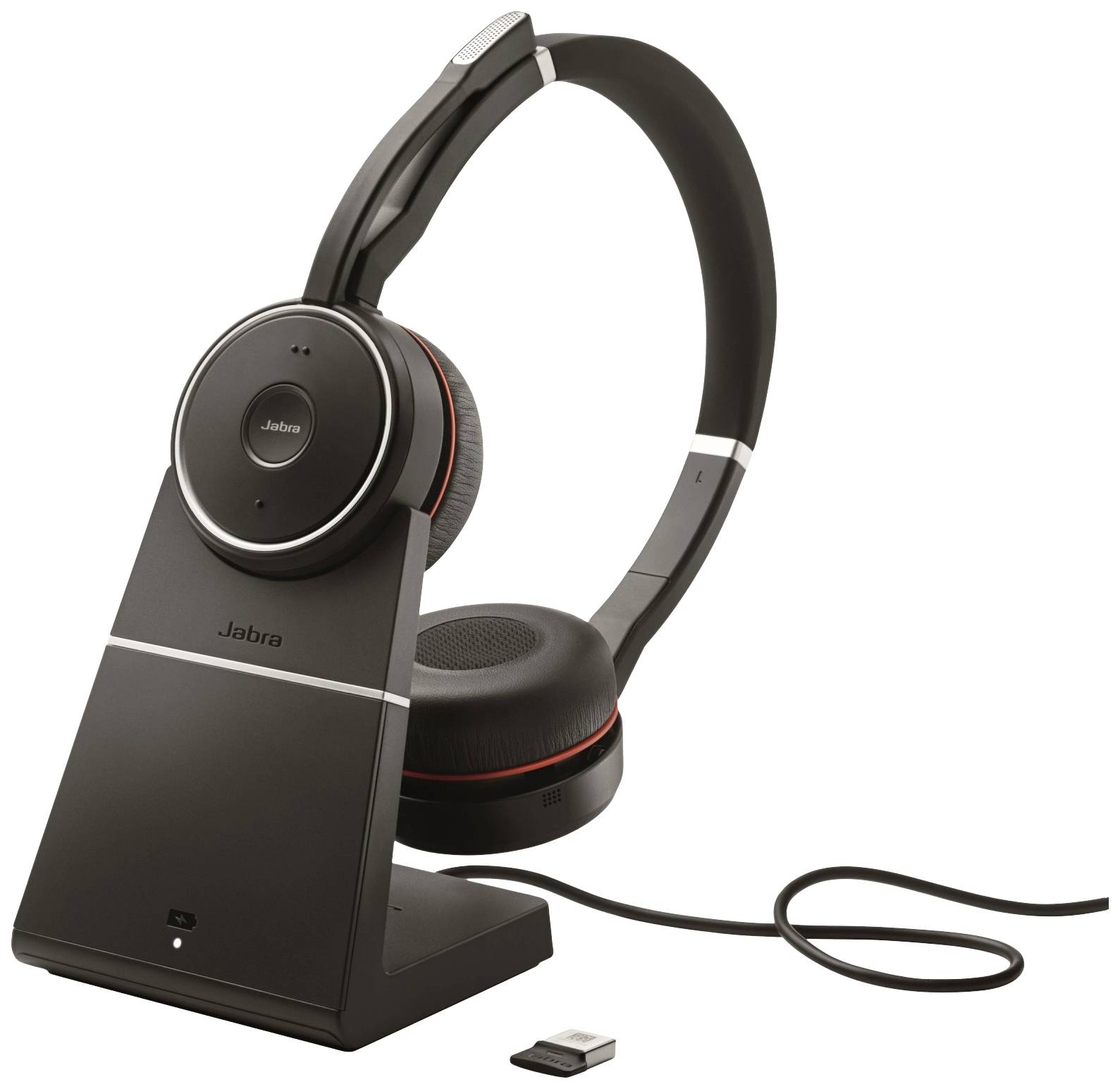 Kabelloses Headset mit schwarzem Ständer und USB-Anschluss. Ideal für Telefonkonferenzen und Musik.