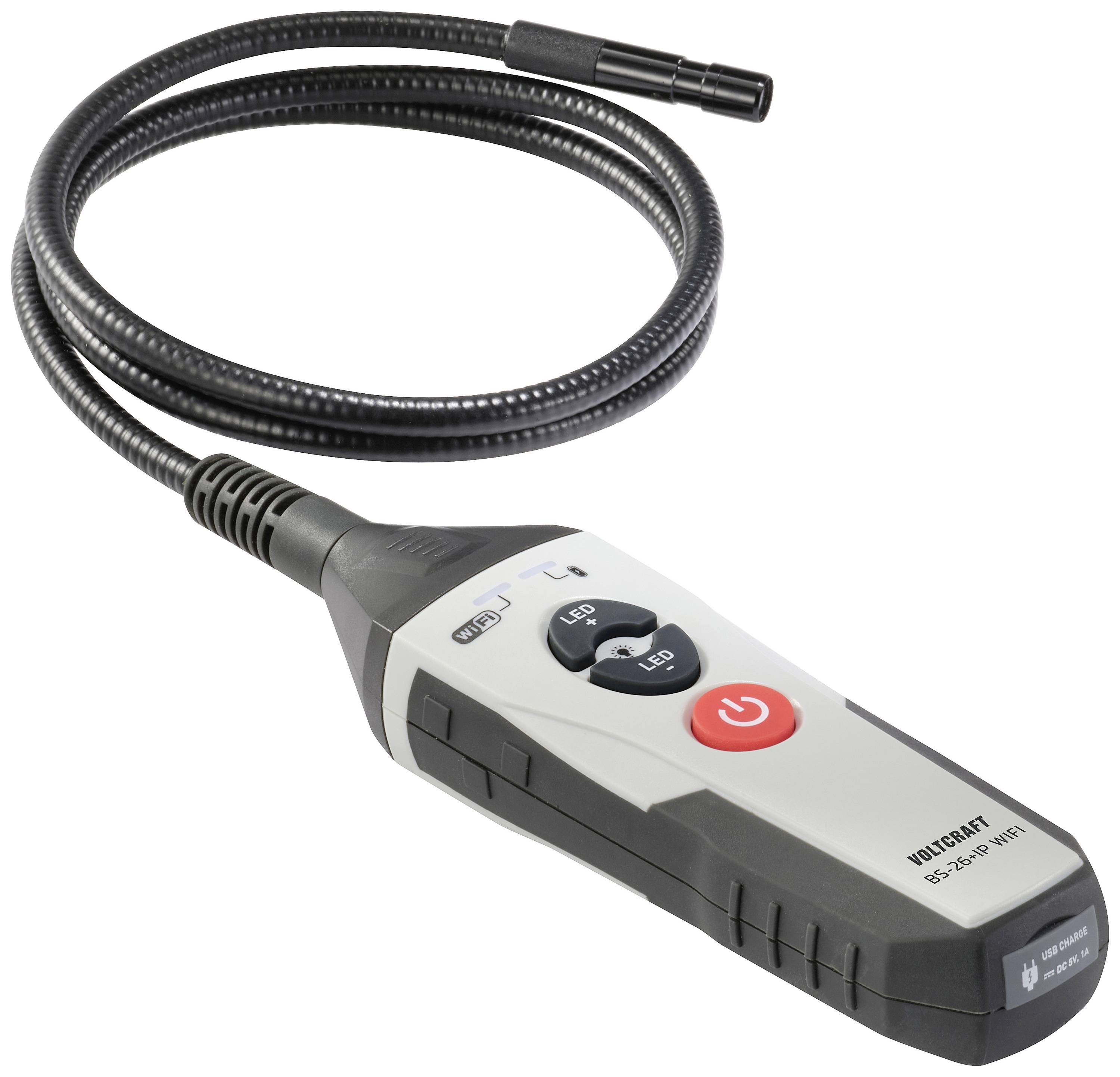 Ein tragbares Inspektionsgerät mit flexiblem Schwanenhals und Kamera an der Spitze; geeignet für schwer erreichbare Stellen.