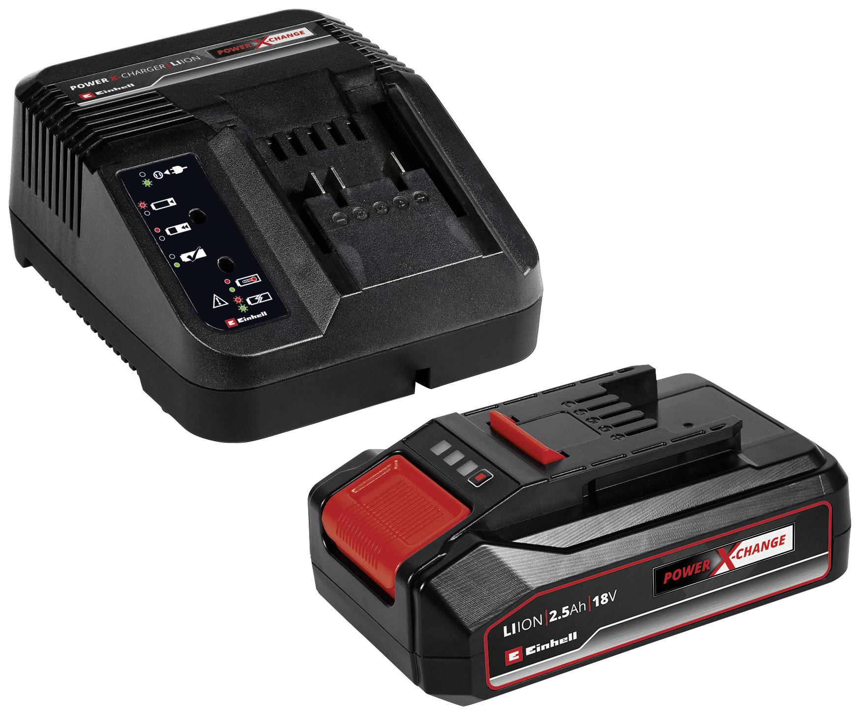 Batterieladegerät und Akku von Einhell mit 'Power X-Change'-Logo und 'Li-Ion 2.5Ah 18V'.