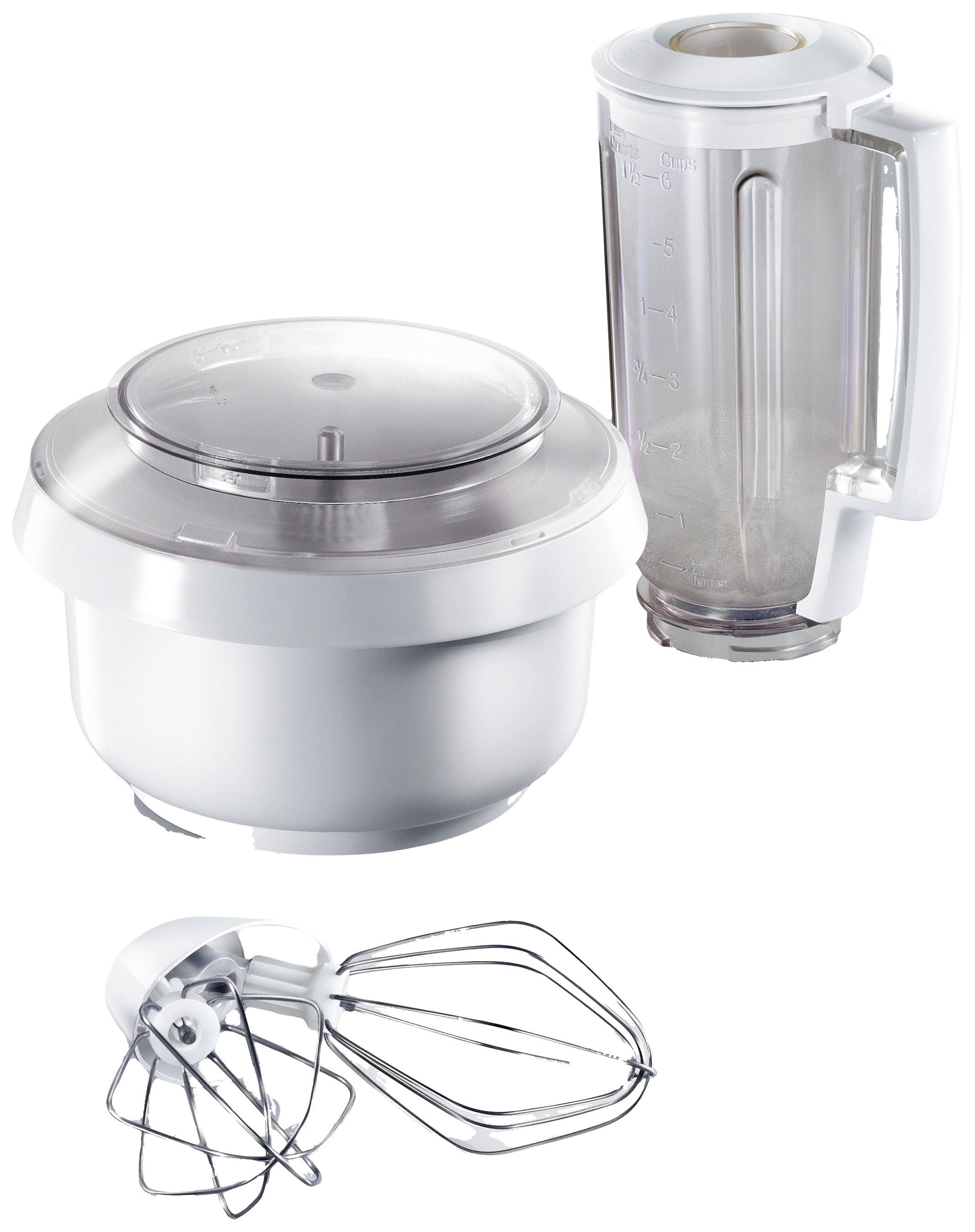 Küchenmaschine mit Mixeraufsatz, Schüssel mit Deckel und Schneebesen-Aufsatz. Geeignet zum Mixen, Rühren und Kneten.