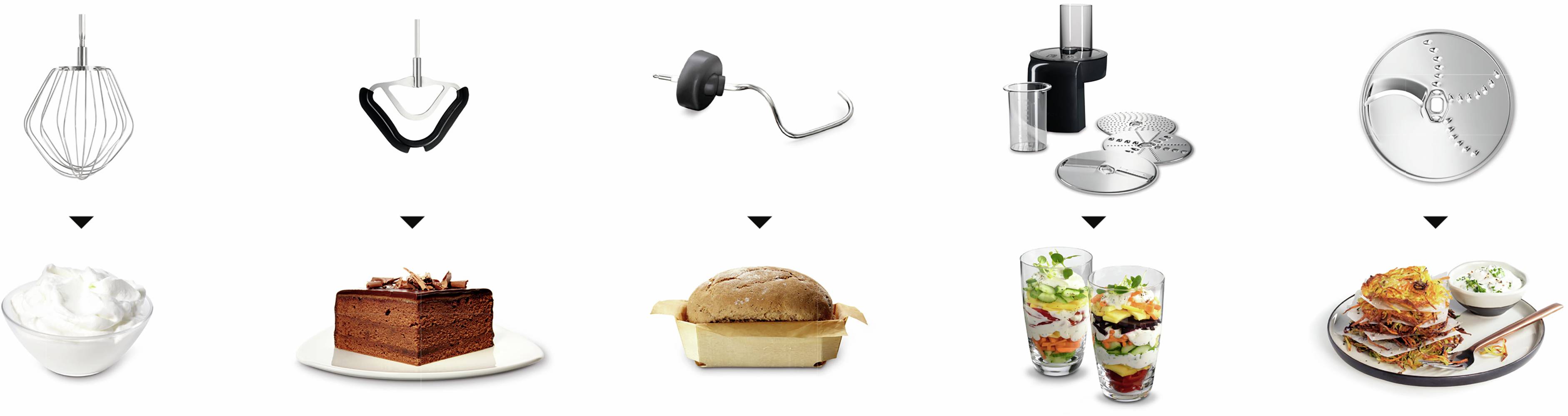 Auf dem Bild sind mehrere Küchenutensilien und deren Anwendungen dargestellt: Schneebesen mit Schlagsahne, Messer mit Kuchen, Knethaken mit Brot, Multizerkleinerer mit Gemüse, und Reibescheibe mit Salat.