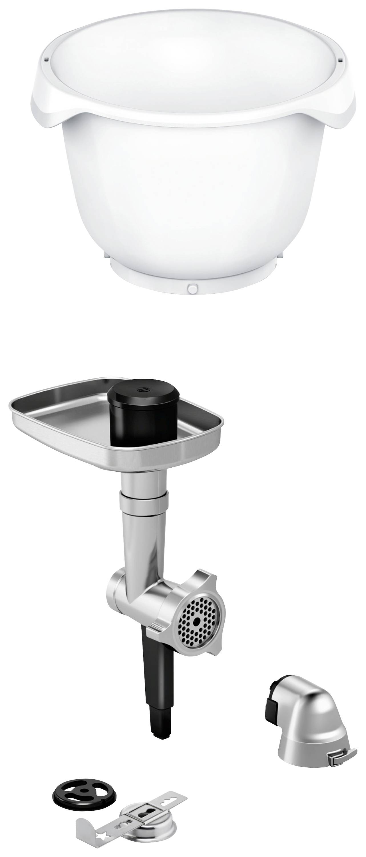 Küchenmaschine-Zubehör: Eine weiße Rührschüssel und ein silbernes Fleischwolf-Aufsatzset mit verschiedenen Teilen.