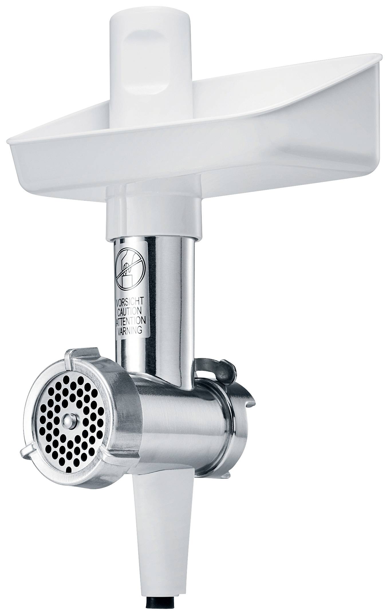 Metallene Fleischwolfaufsatz mit Trichter, silberfarben, dient zum Zerkleinern von Fleisch oder anderen Lebensmitteln.