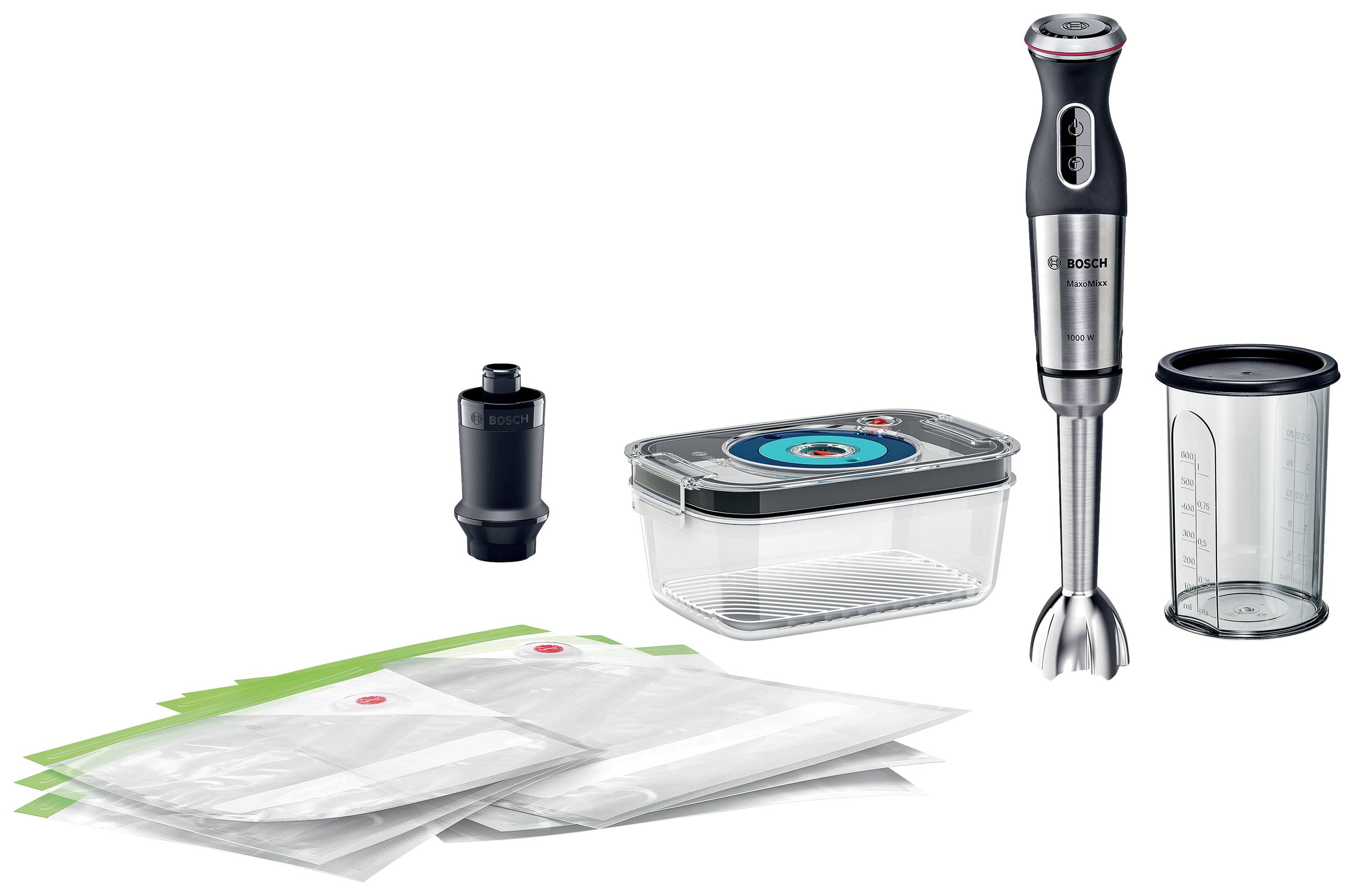 Stabmixer-Set mit Bechern, Vakuumpumpe, Beuteln und Behälter. Ideal zum Mixen und Konservieren von Lebensmitteln.