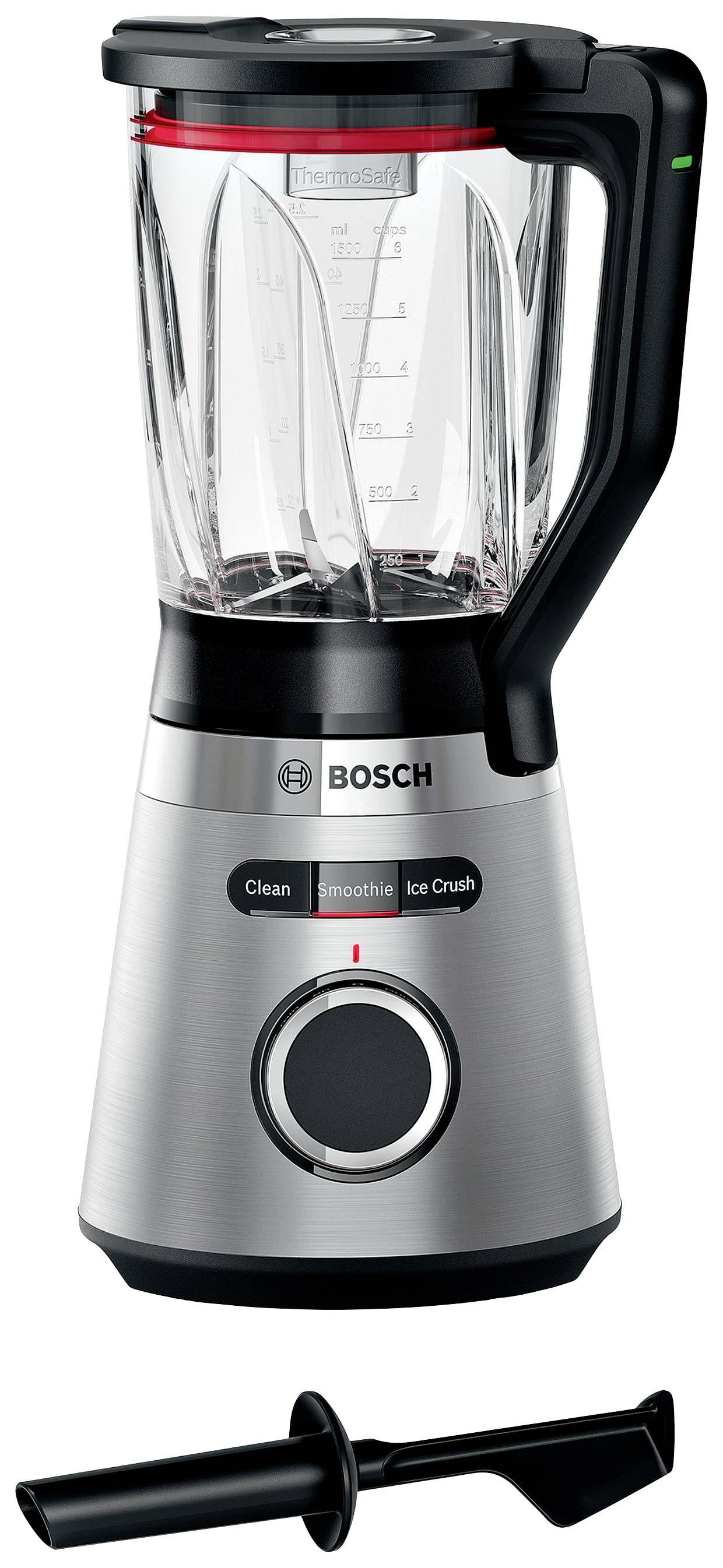 Standmixer von Bosch aus Edelstahl mit transparentem Behälter und schwarzem Griff. Drei Funktionen: 'Clean', 'Smoothie', 'Ice Crush'. Enthält einen schwarzen Stößel.