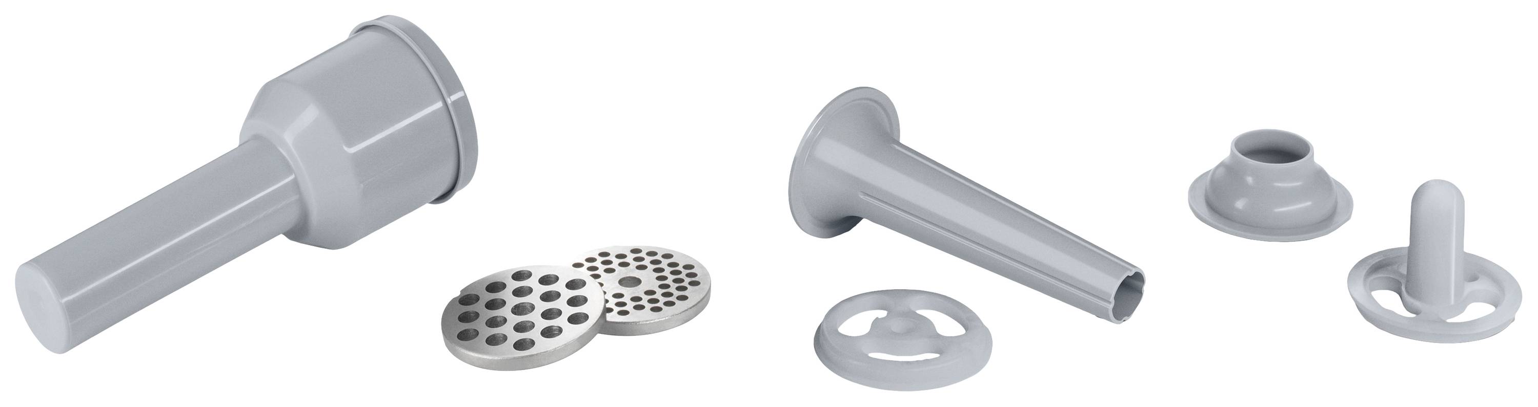 Mehrere graue Kunststoffteile eines Fleischwolfs: zwei Röhrenaufsätze, zwei Lochscheiben, ein Befestigungsring.