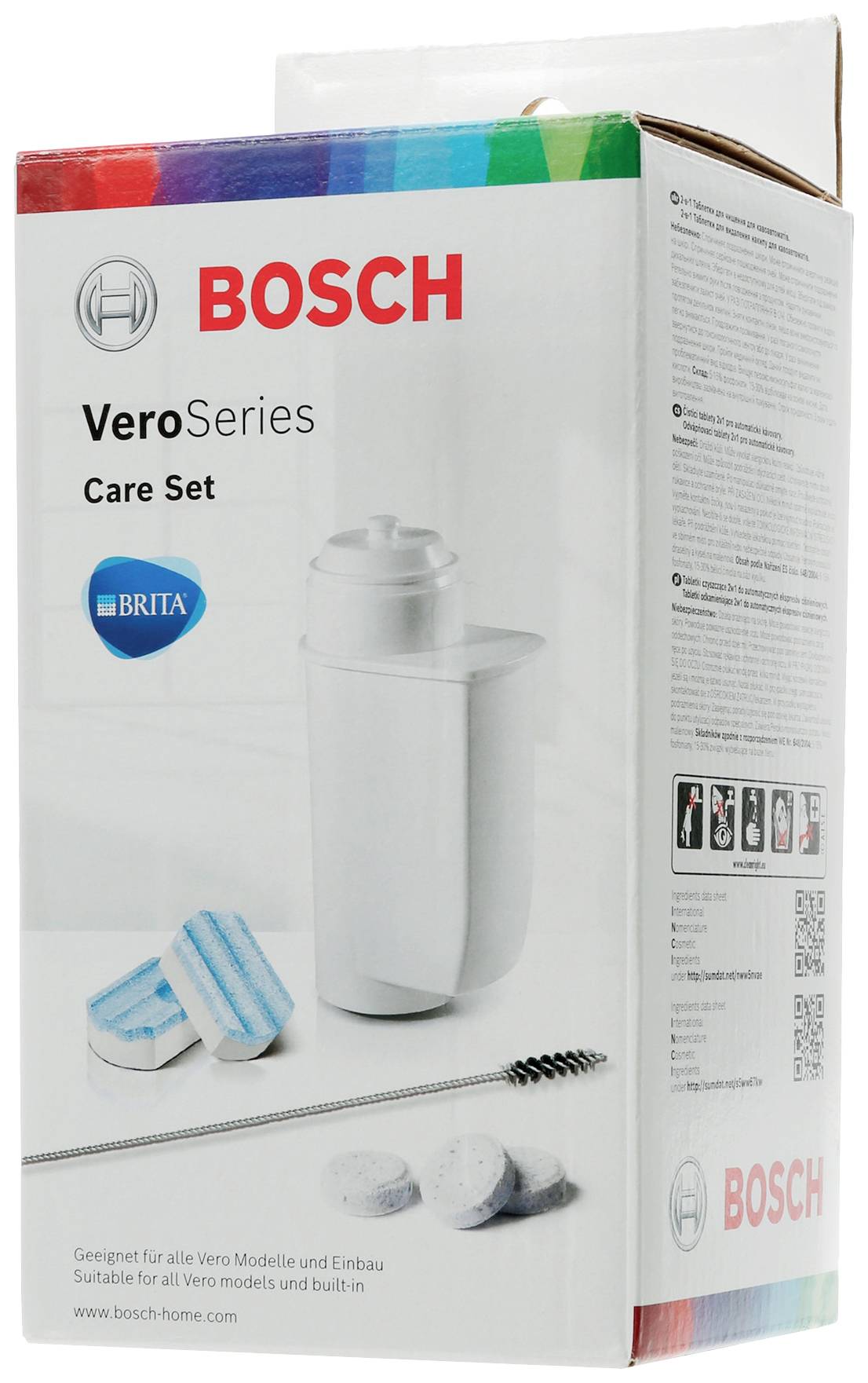 Verpackung des Bosch VeroSeries Pflege-Sets mit weißen Reinigungsmitteln und Zubehör für Vero Kaffeevollautomaten.