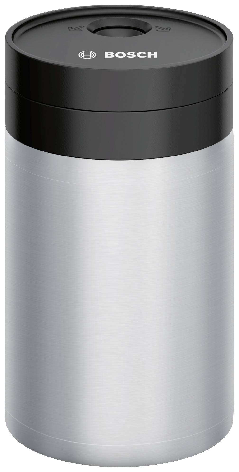 Thermobecher aus Edelstahl mit schwarzem Deckel, Markenlogo oben sichtbar. Ideal für heiße oder kalte Getränke unterwegs.