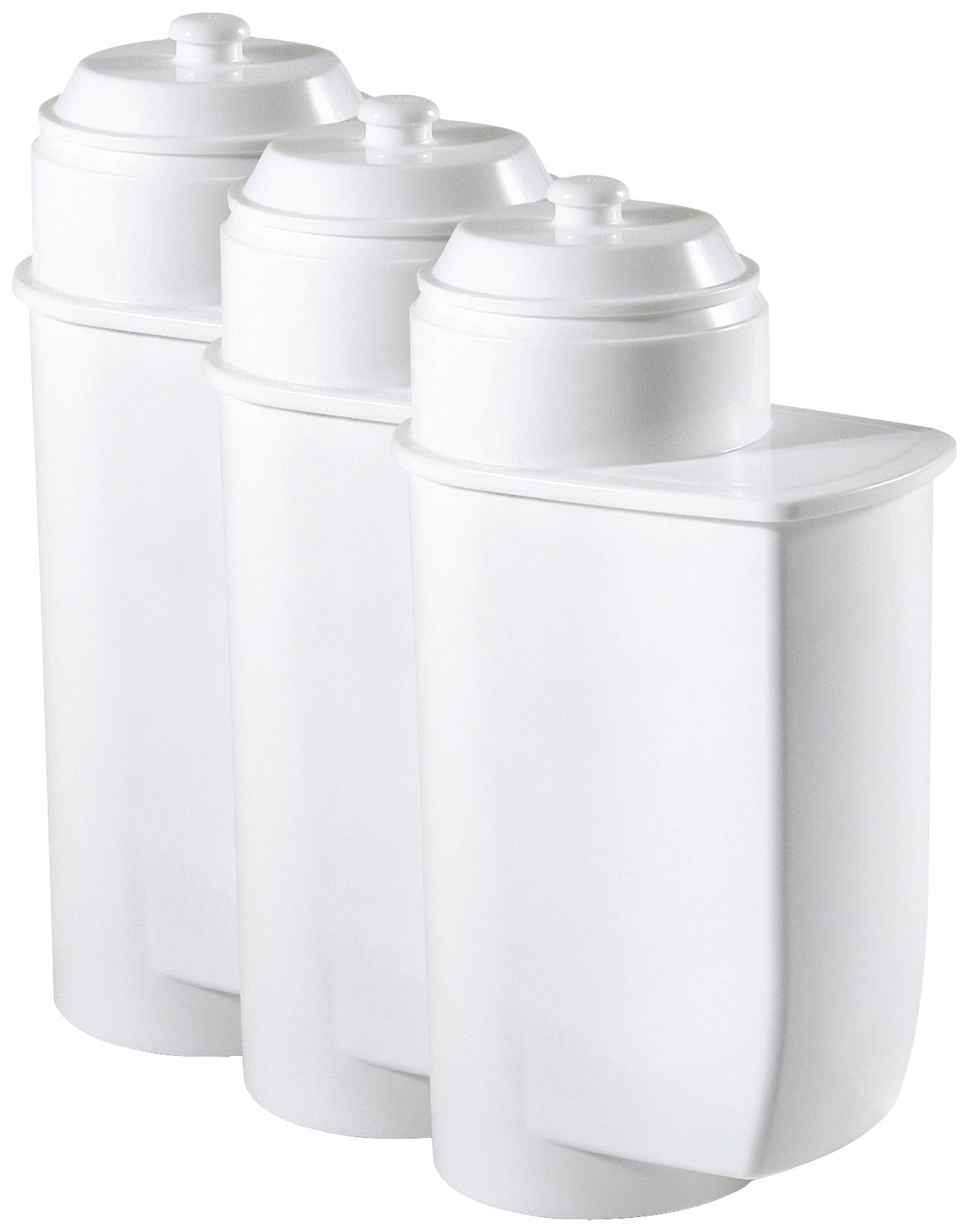 Drei weiße Wasserfilter mit zylindrischen Oberteilen, hintereinander angeordnet.