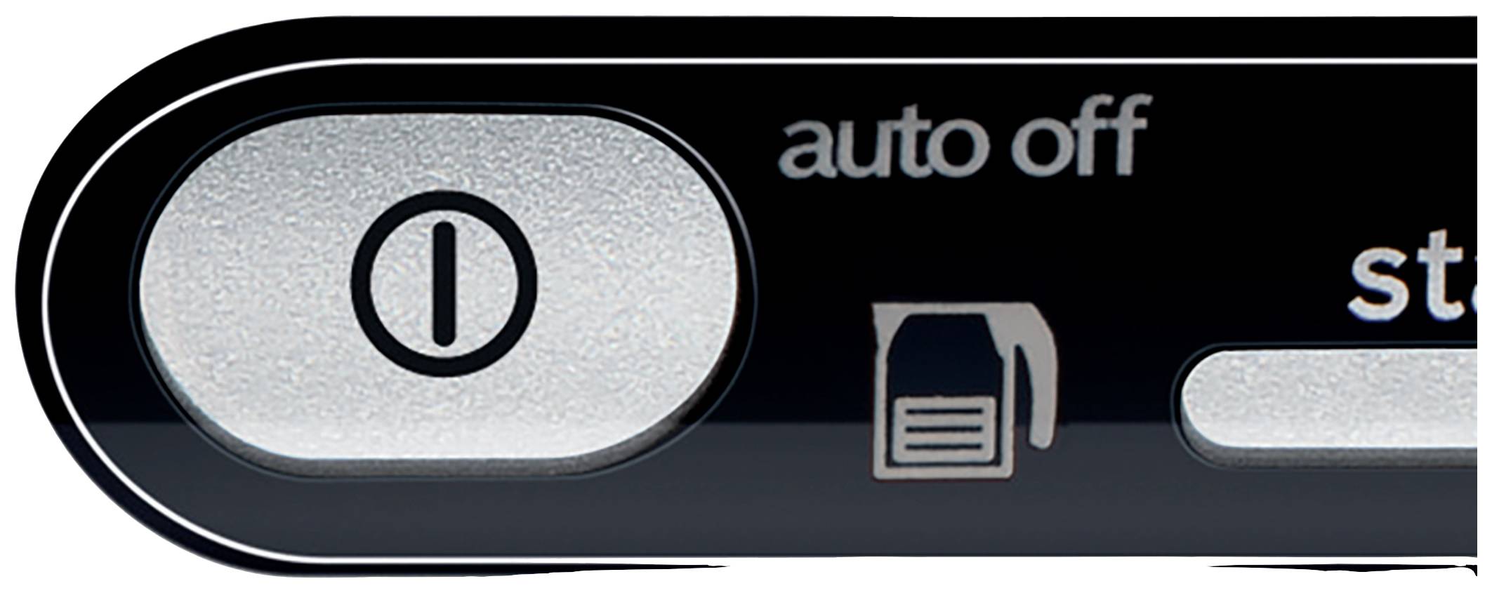 Nahaufnahme eines Küchenmaschinen-Displays mit 'auto off'- und Kaffeekannen-Symbol neben einem runden Ein-/Aus-Schalter.