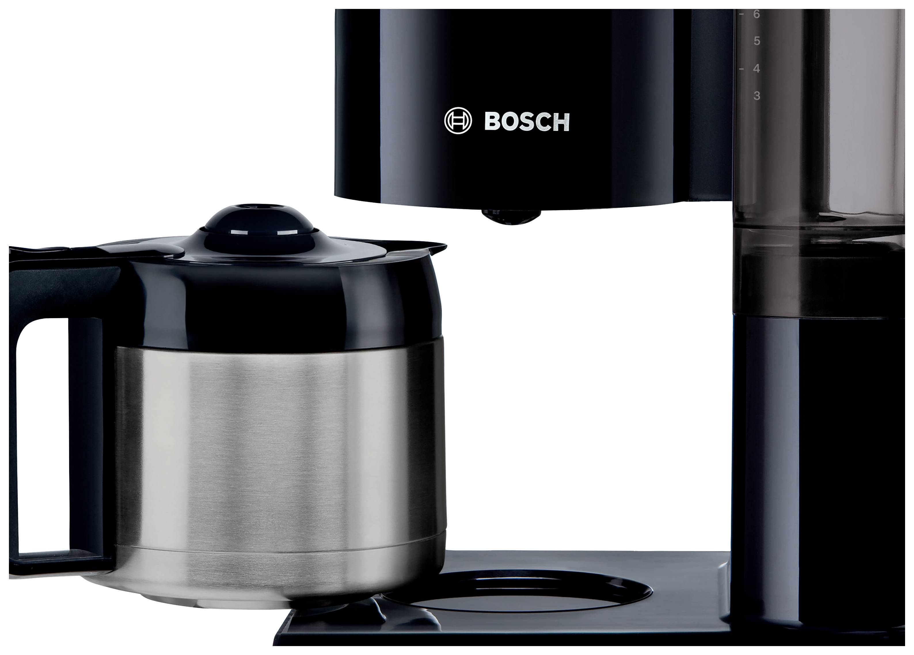 Eine Kaffeemaschine von Bosch in Schwarz mit einer Edelstahl-Thermoskanne.