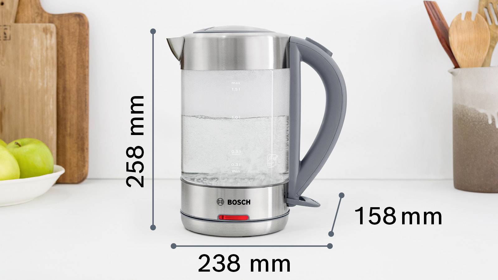 Bosch Haushalt TWK7090B Wasserkocher Edelstahl, Glas, Grau (matt) Fassungsvermögen: 1.5 l