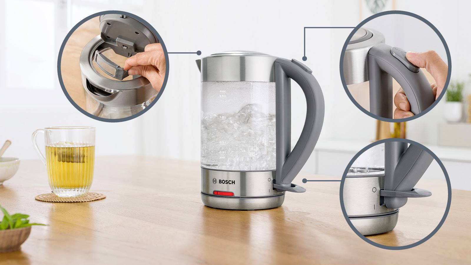 Bosch Haushalt TWK7090B Wasserkocher Edelstahl, Glas, Grau (matt) Fassungsvermögen: 1.5 l