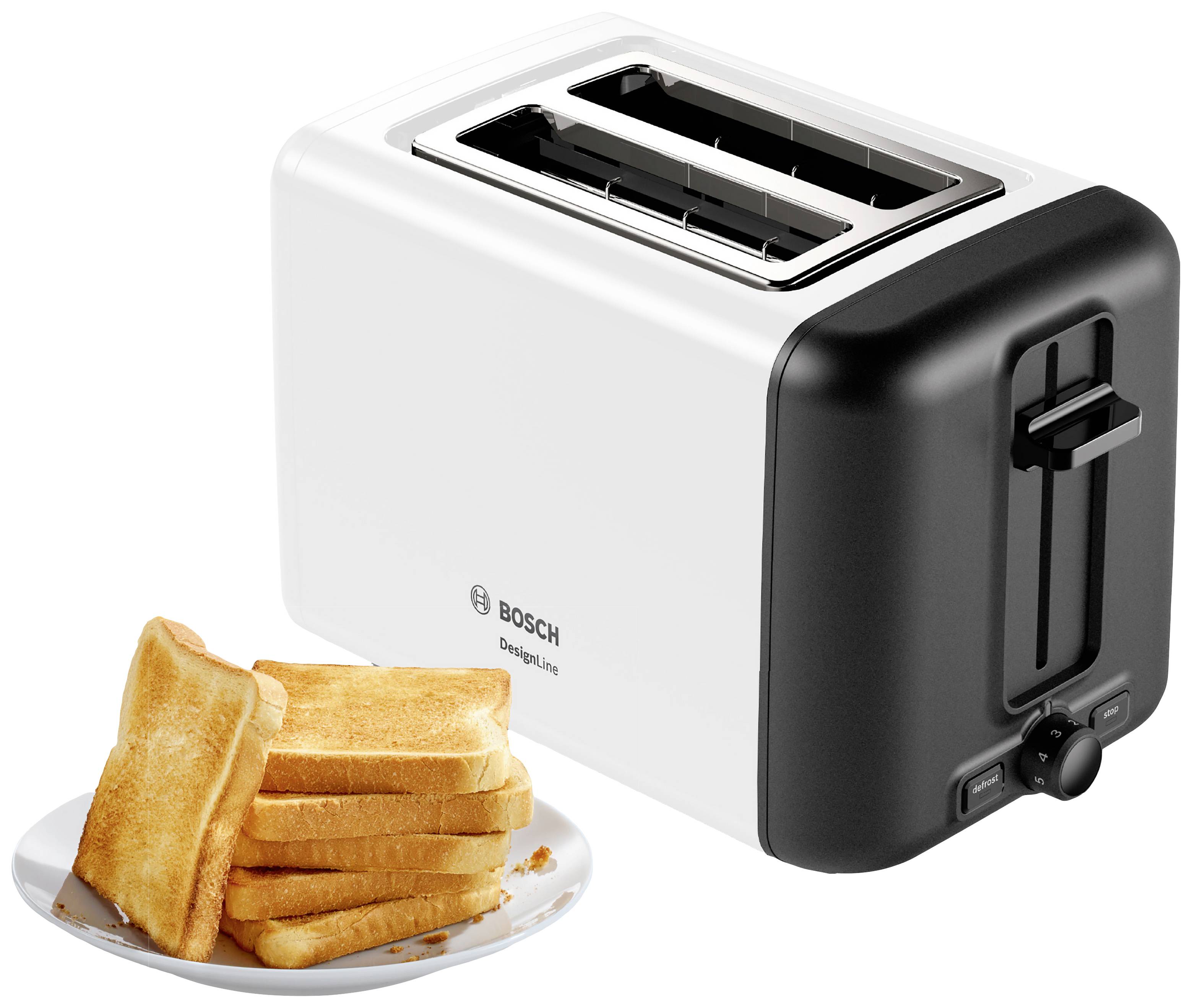 Ein weißer Toaster mit zwei Schlitzen steht neben einem Teller mit mehreren Toastscheiben.