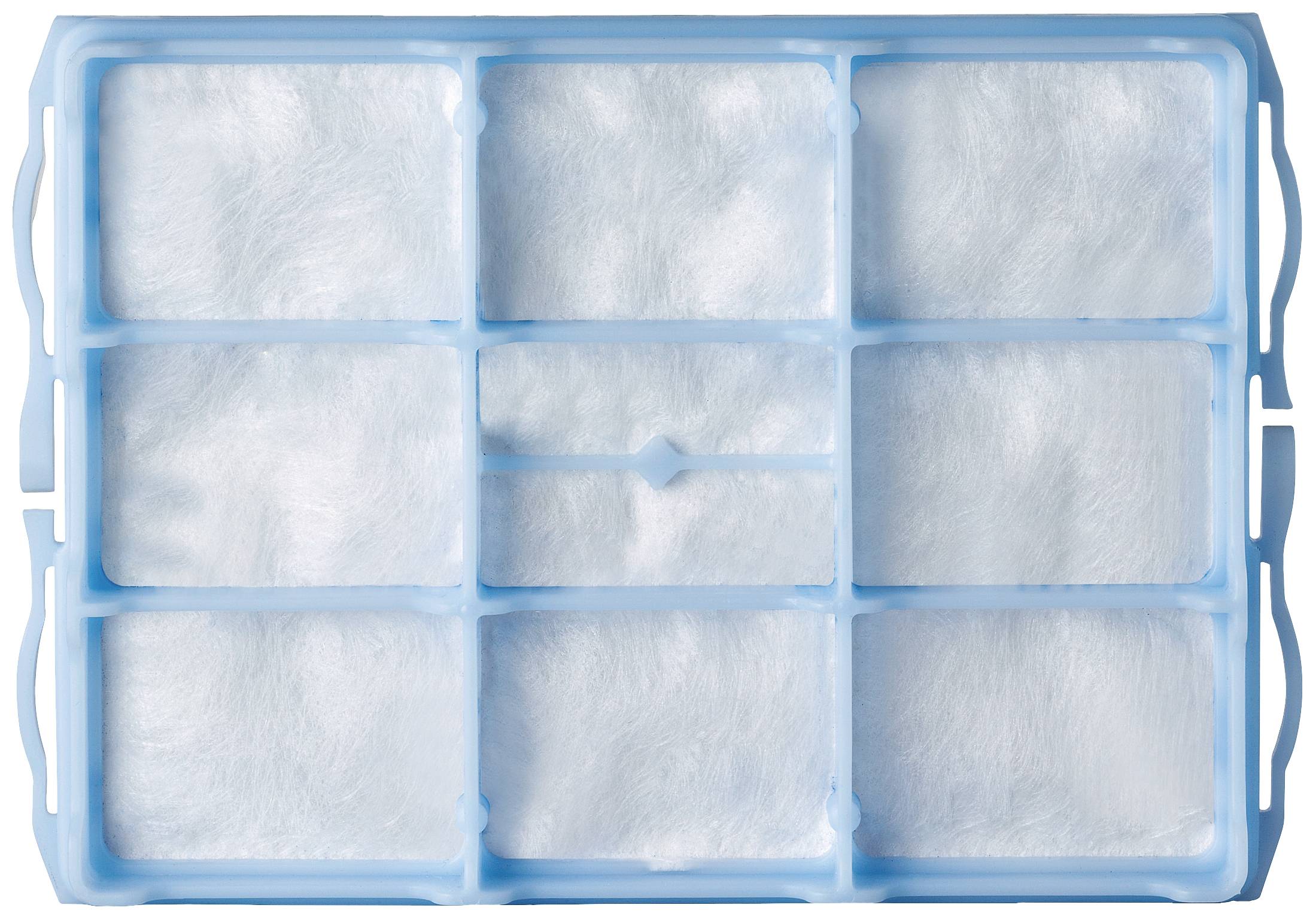 Ein geschlossener blauer Eierkarton mit neun Fächern, die jeweils mit weißem Schaumstoff gefüllt sind.