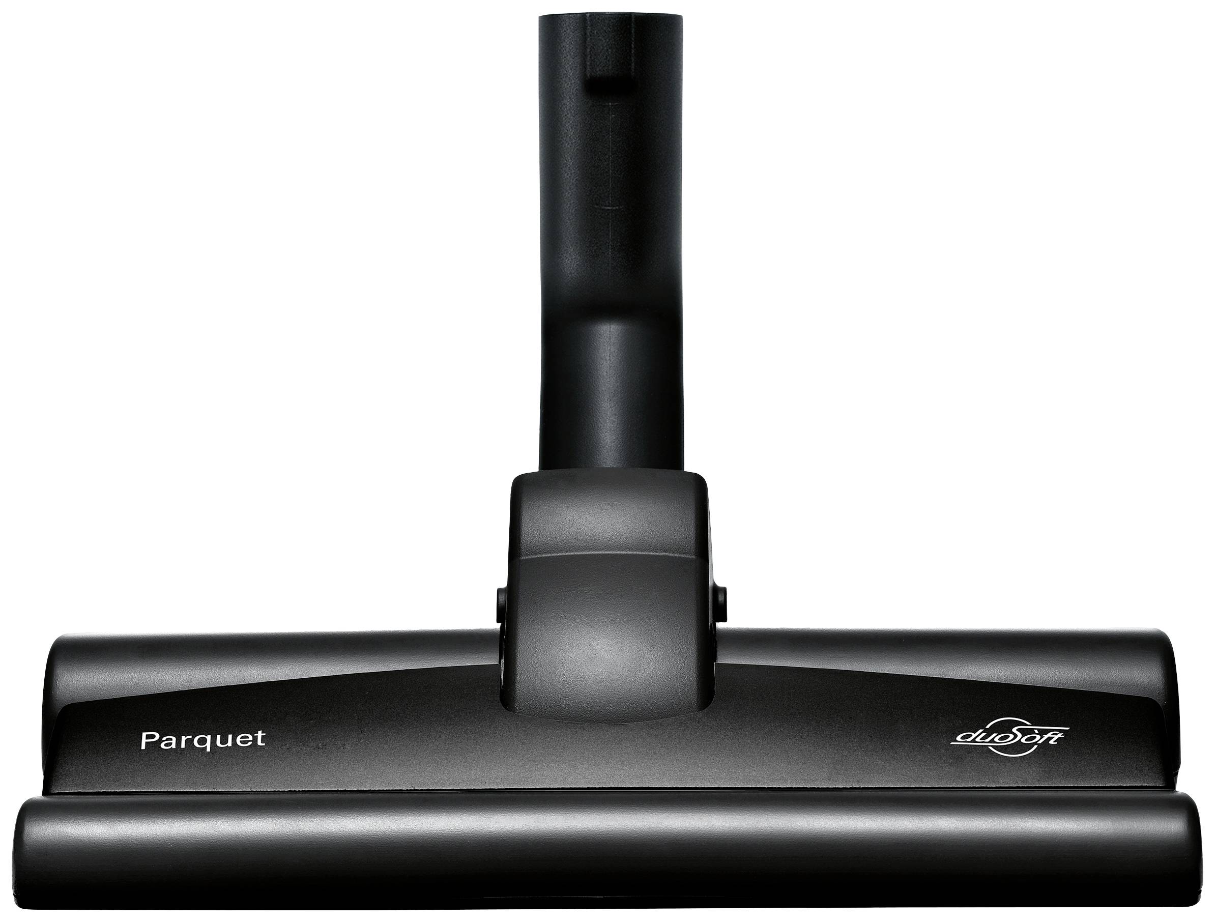 Ein schwarzer Staubsauger-Aufsatz für Parkettböden, der 'duo soft Parquet' nennt, mit einer breiten, flachen Form.