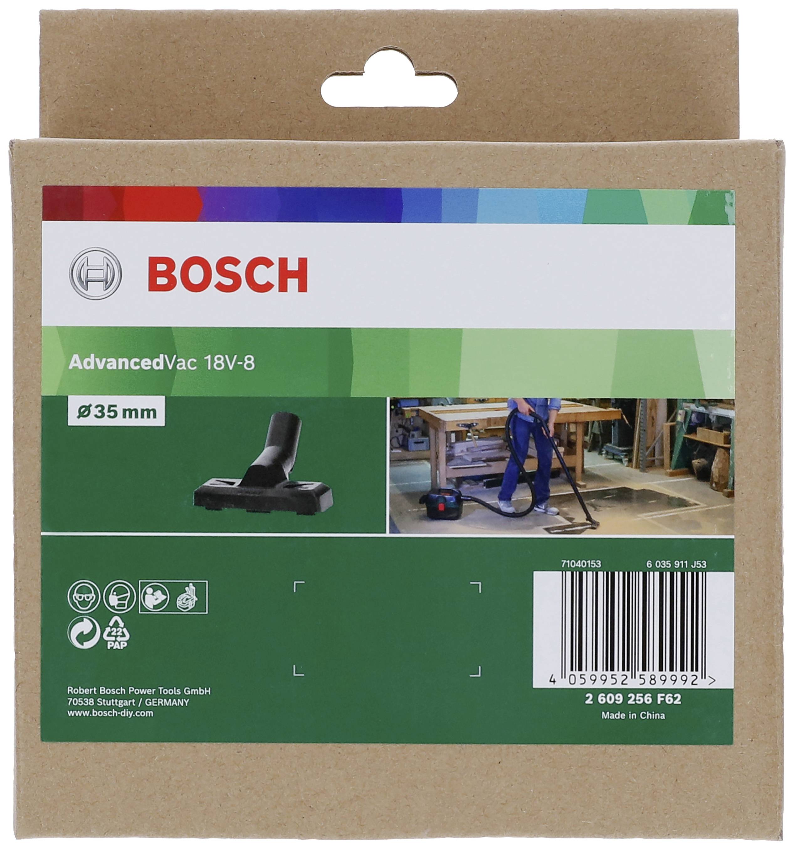 Bosch Verpackung für AdvancedVac 18V-8, Abbildung eines Staubsaugers, geeignet für 35 mm Schlauch, produziert in China.