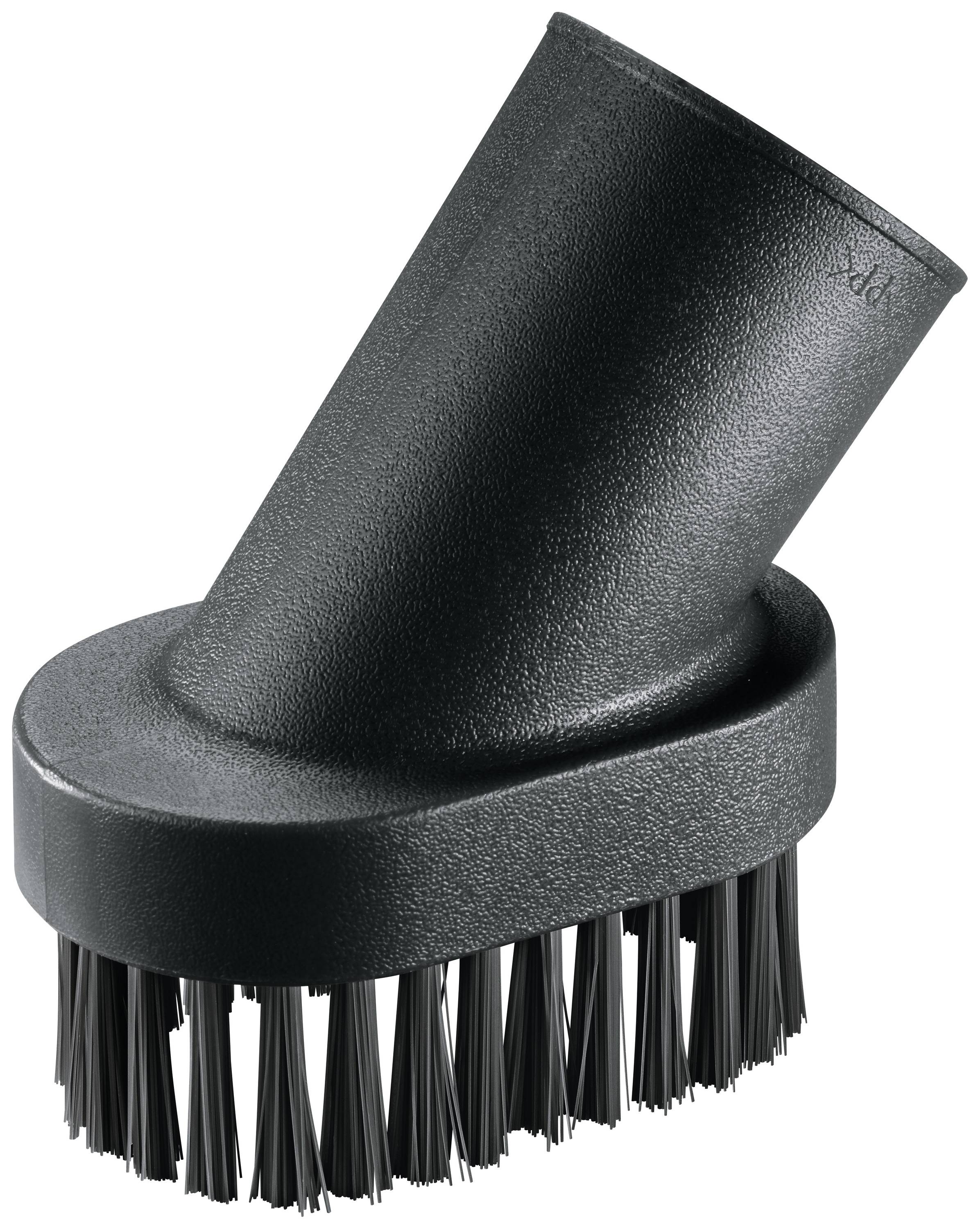 Eine schwarze Staubsaugerbürste mit abgewinkeltem Anschluss und schwarzen Borsten, geeignet für die Reinigung von Teppichen und Polstern.