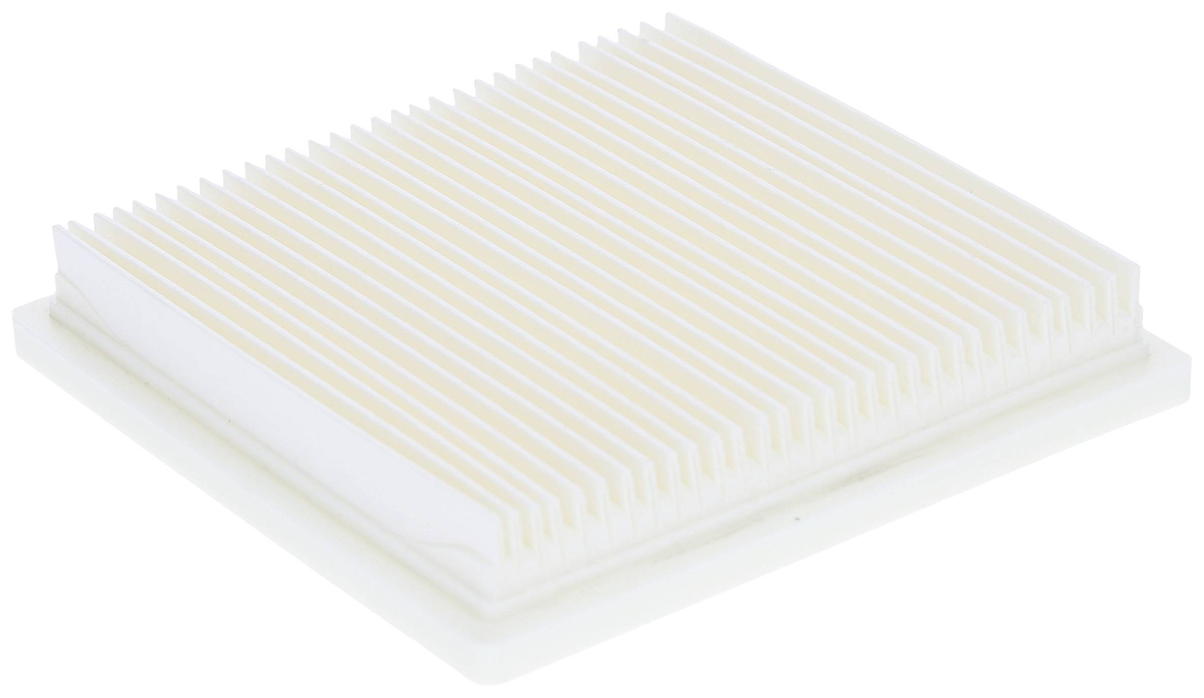 Luftfilter mit weißen, gefalteten Lamellen, rechteckige Form, auf weißem Hintergrund. Verwendet in Auto-Klimaanlagen zur Reinigung der Luft.