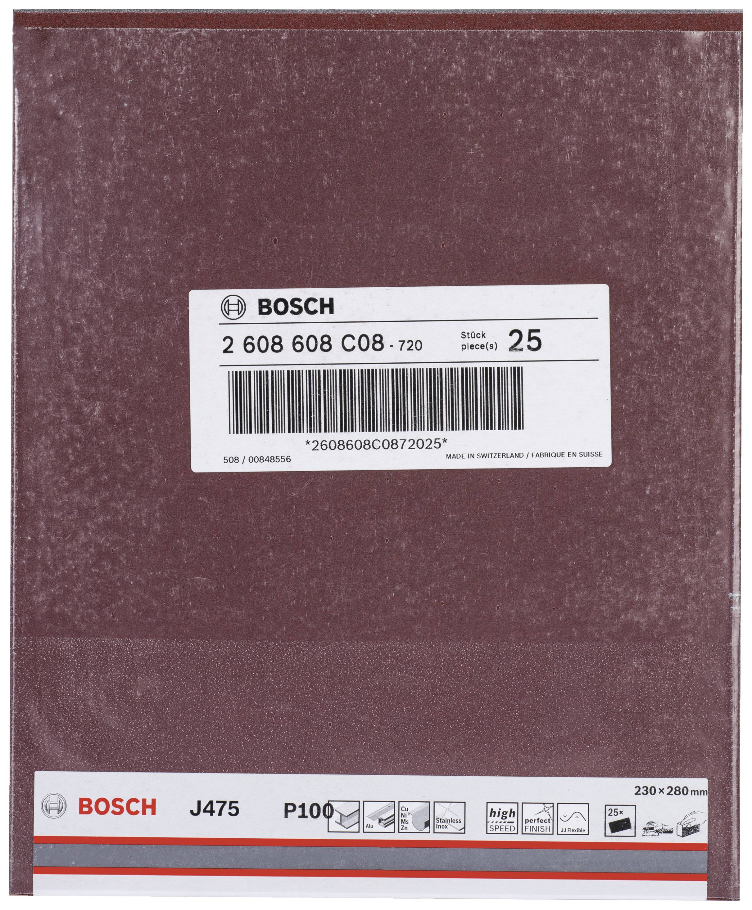 Schleifpapierverpackung von Bosch, Modell J475, Körnung P100, 230x280 mm, mit Barcode und Bestellnummer '2 608 608 C08 - 720', Menge 25.