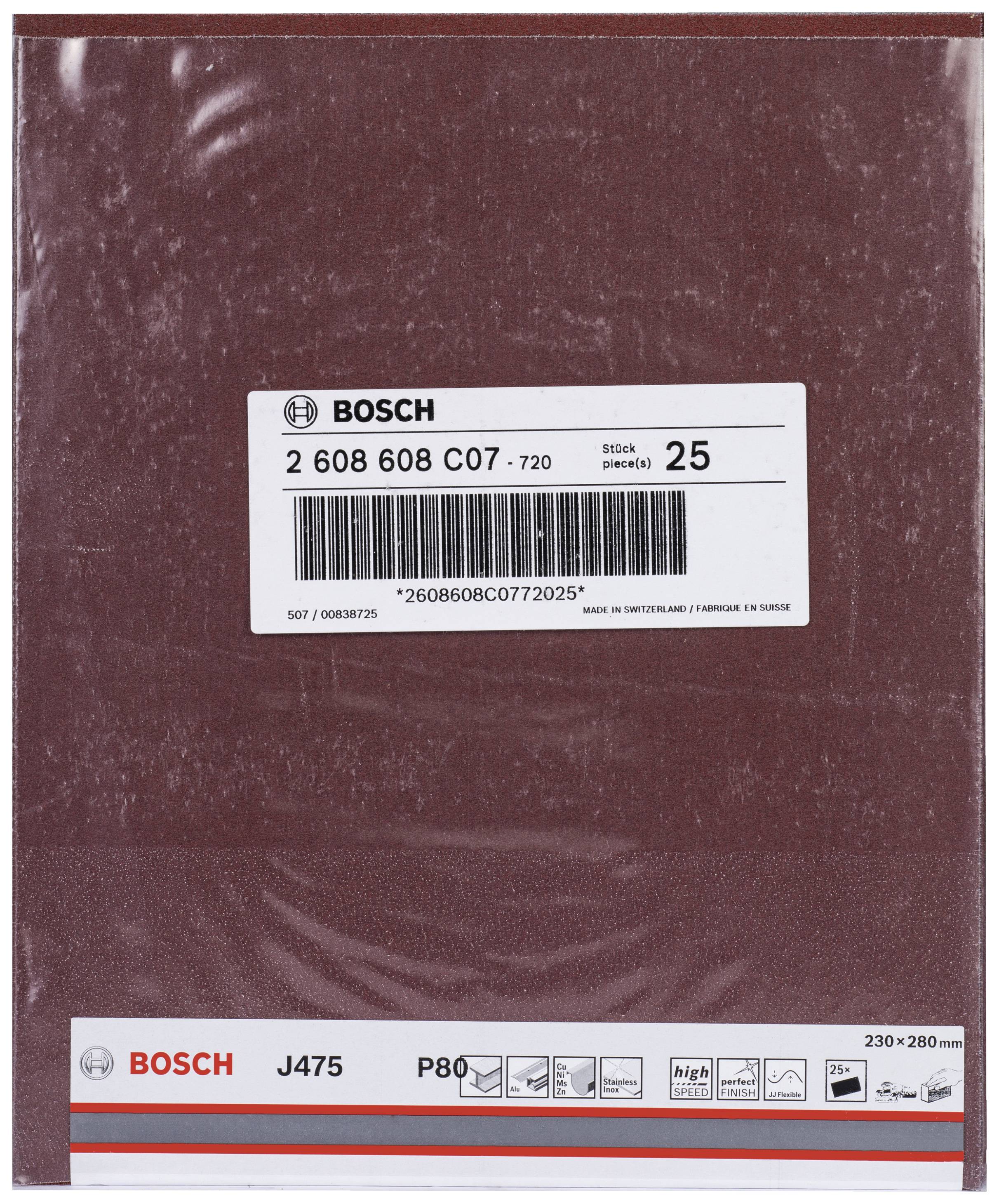 Ein Blatt Schleifpapier, Marke Bosch, Modell J475, Körnung P80, Abmessungen 230 x 280 mm. Etikett zeigt Artikeldetails.