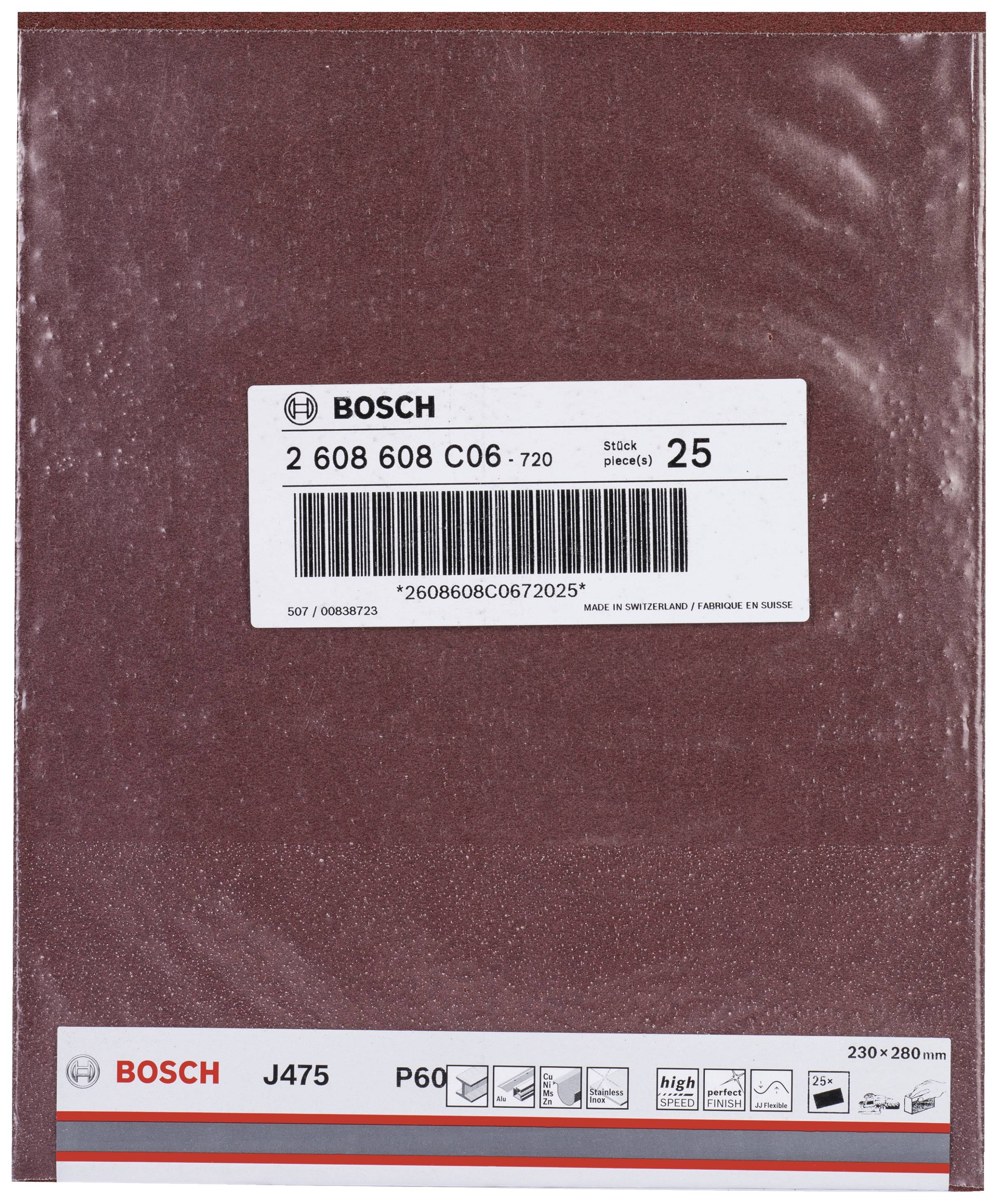 Eine Packung Bosch-Schleifpapier, Modell J475, Körnung P60, Größe 230x280 mm, 25 Stück.