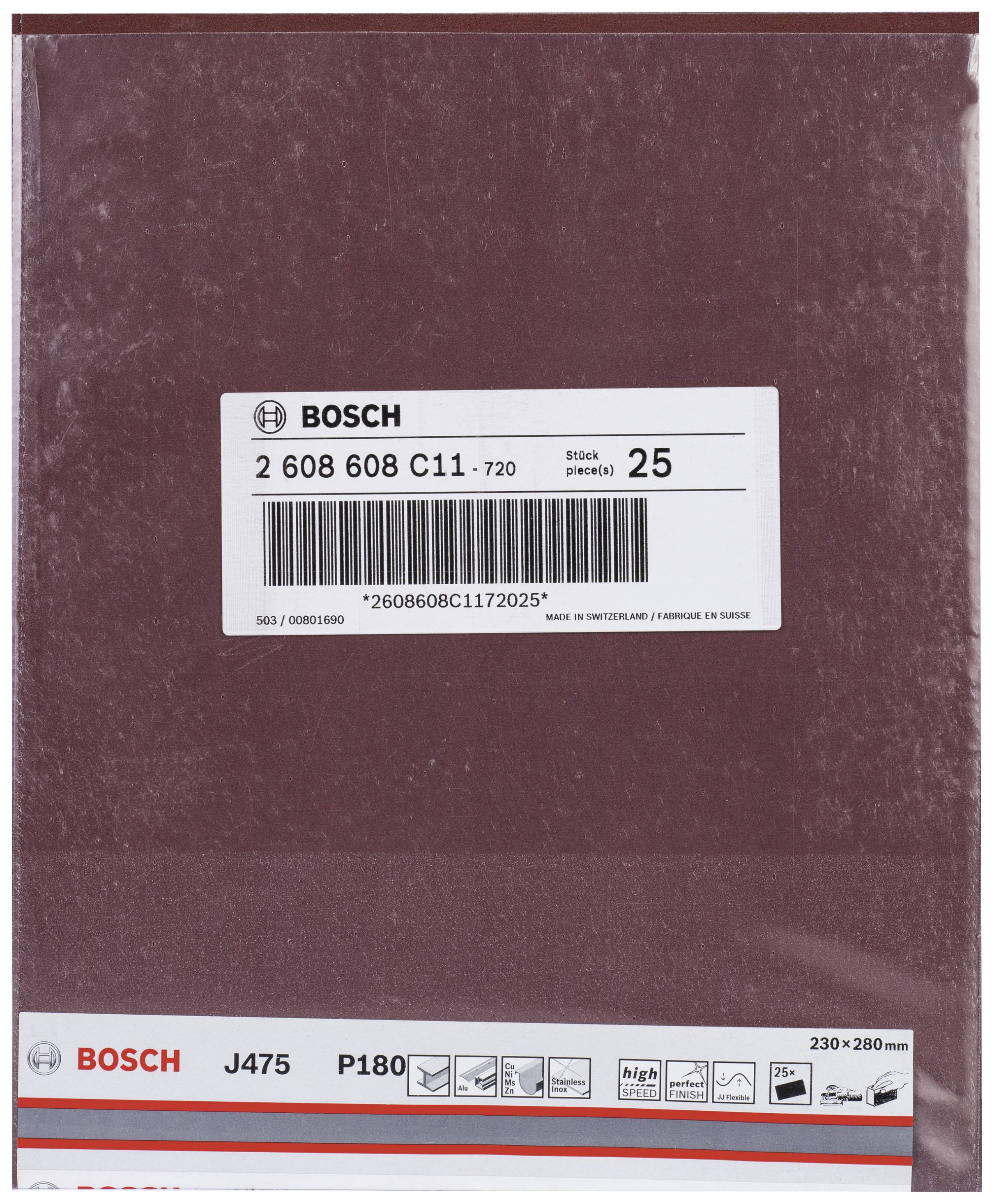 Bosch Schleifpapierpaket, Typ J475, Körnung P180, 25 Blatt, Größe 230x280 mm. Hauptsächlich zum Schleifen von Holz.