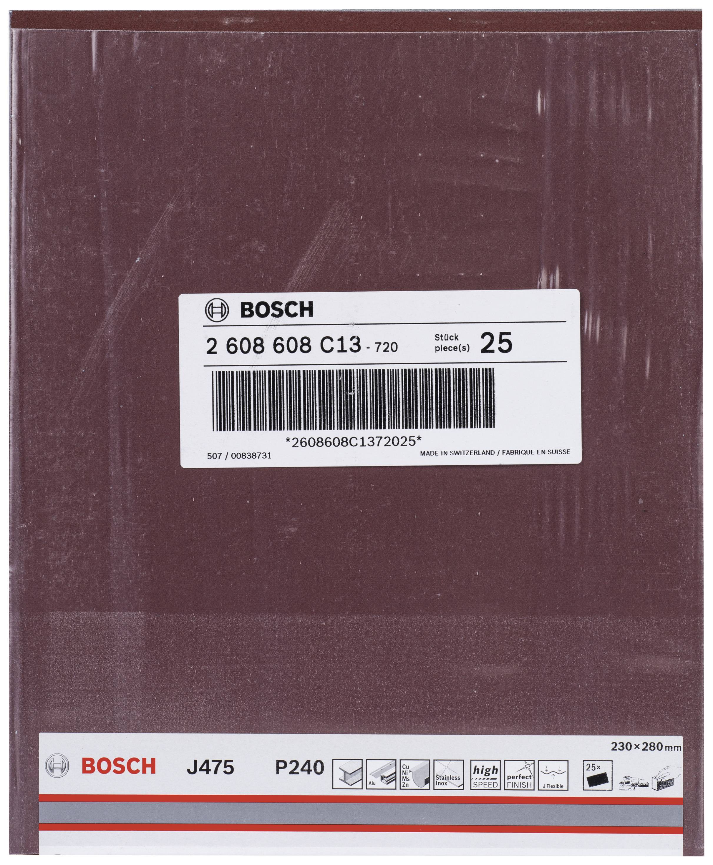 Bosch Schleifpapier J475 P240, 230x280 mm, 25 Stück, feinkörnig, ideal für glatte Oberflächenbearbeitung.