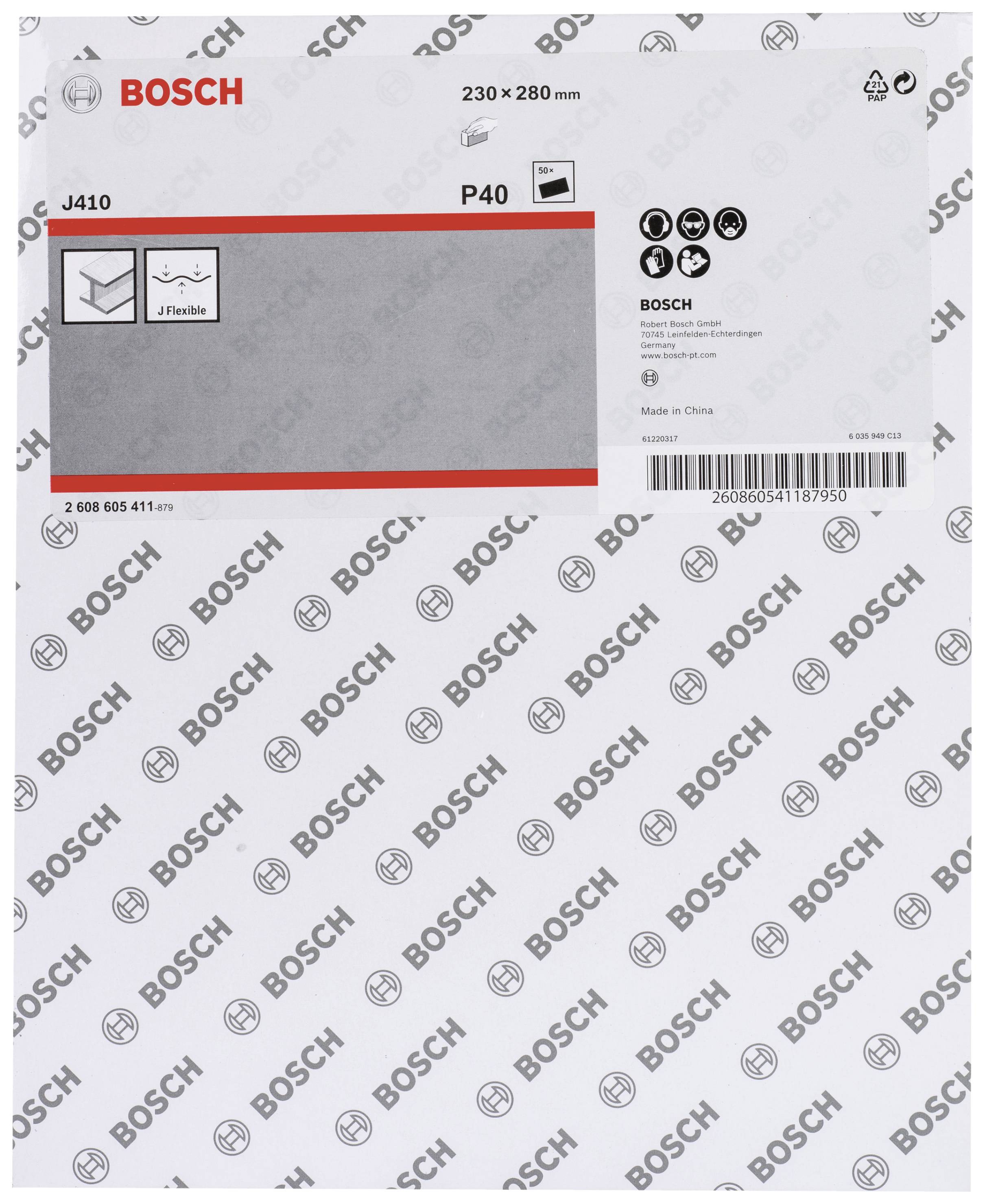Verpackung von Bosch Schleifpapier, 230 x 280 mm, Körnung P40, flexibel, Made in China.
