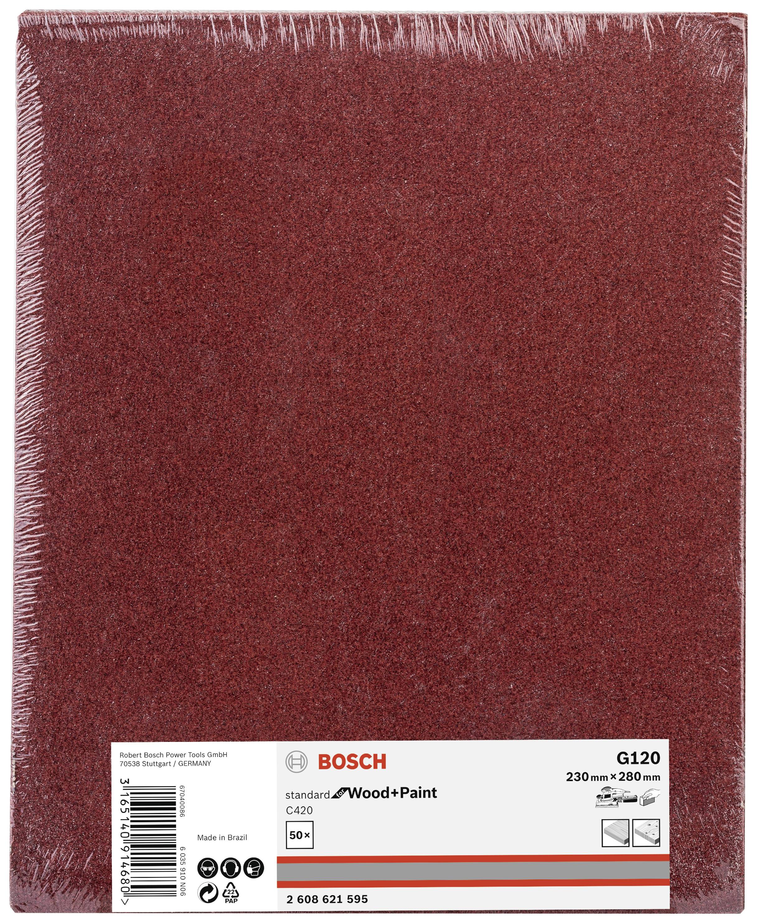 Ein rechteckiges Stück Schleifpapier von Bosch, Körnung G120, geeignet für Holz und Farbe. Maße: 230 mm x 280 mm.