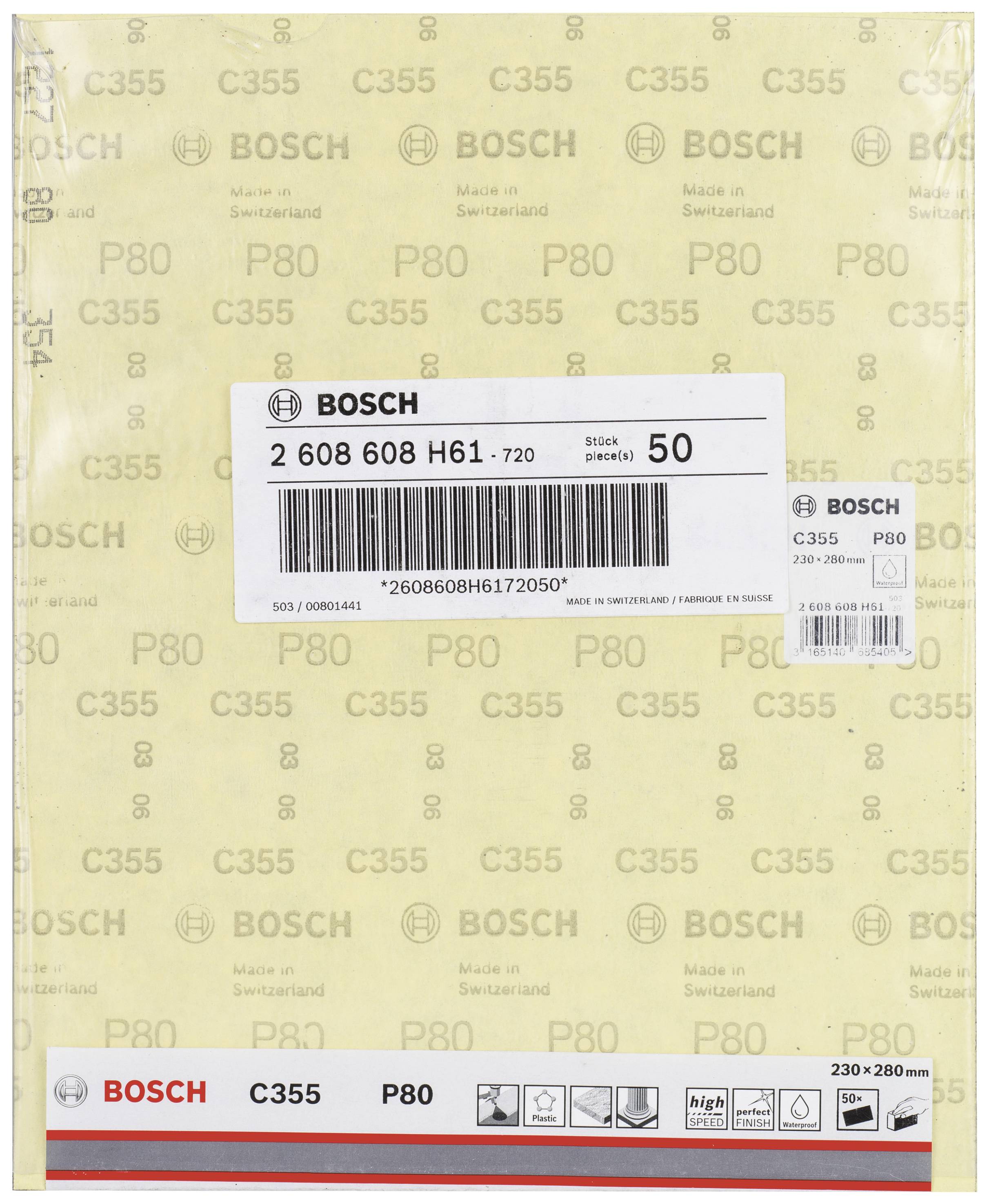 Schleifpapier der Marke Bosch, Modell C355 P80, 50 Blatt. Maße: 230x280 mm. Hergestellt in der Schweiz. Verpackung in beigem Design.