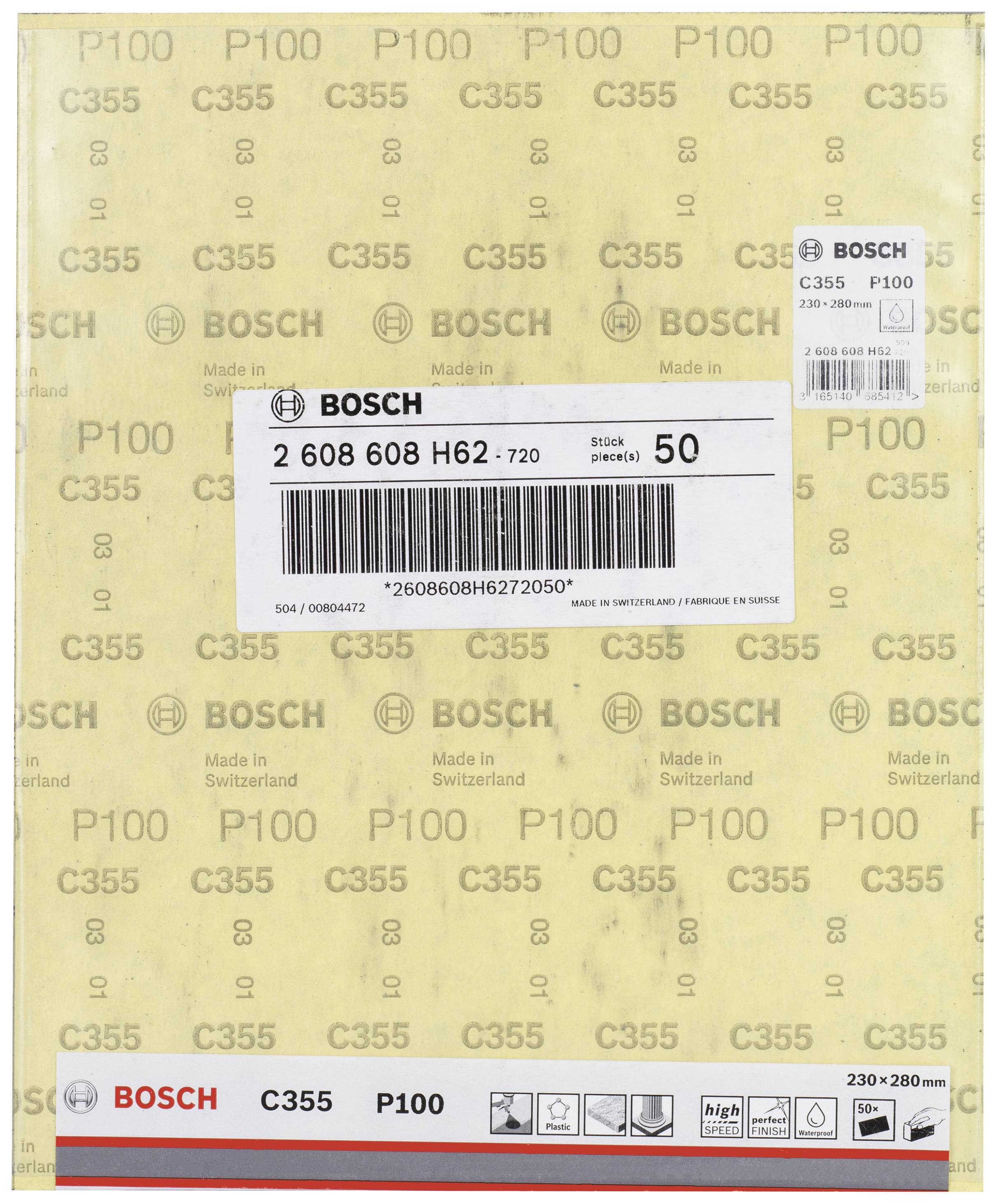 Ein Bosch Schleifpapier-Paket, Modell C355, Körnung P100. Enthält 50 Stück, Größe 230x280 mm, 'Made in Switzerland'.
