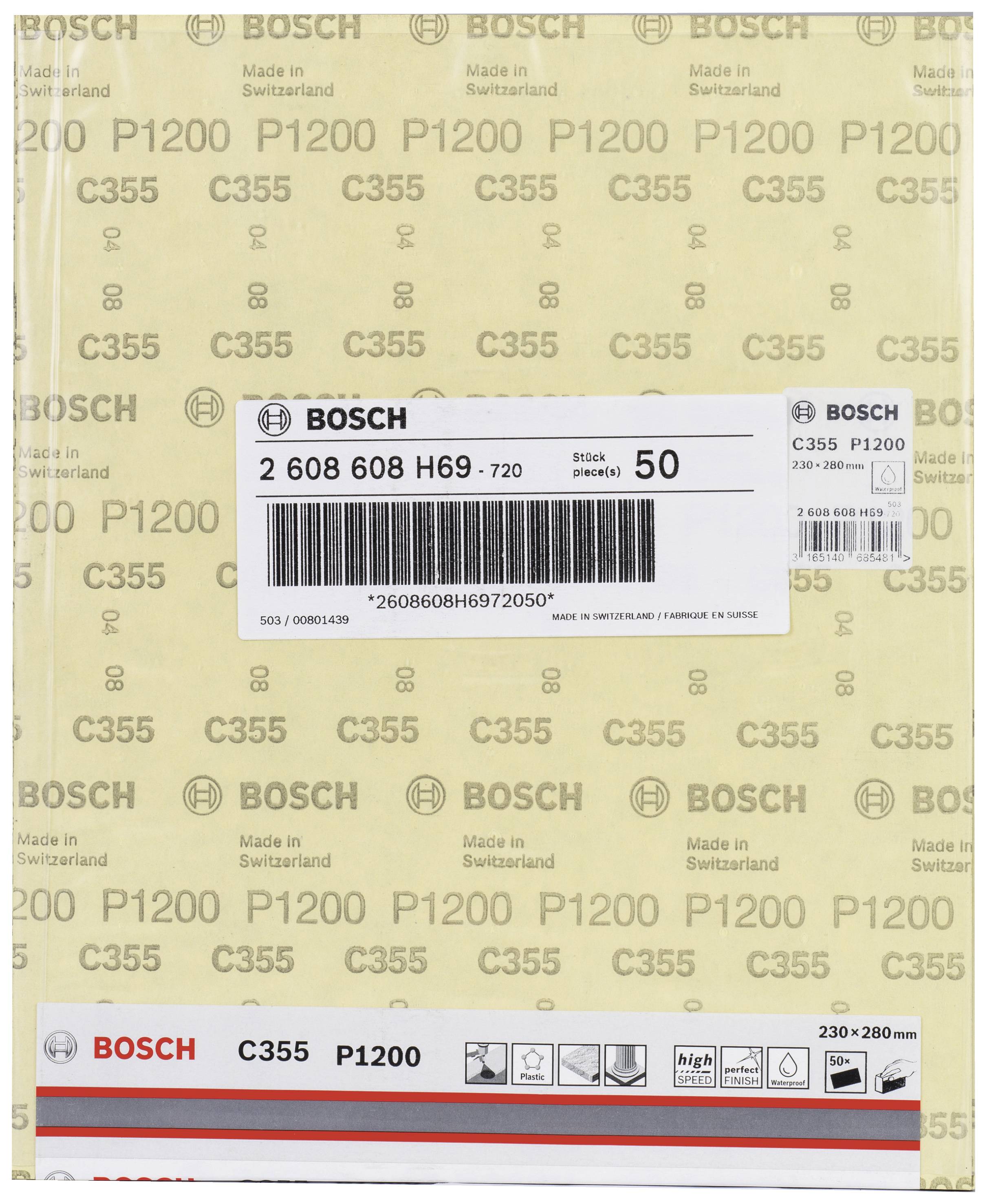 Verpackung des Bosch Schleifpapiers C355, Körnung P1200. Enthält 50 Stück, 230 x 280 mm, hergestellt in der Schweiz.
