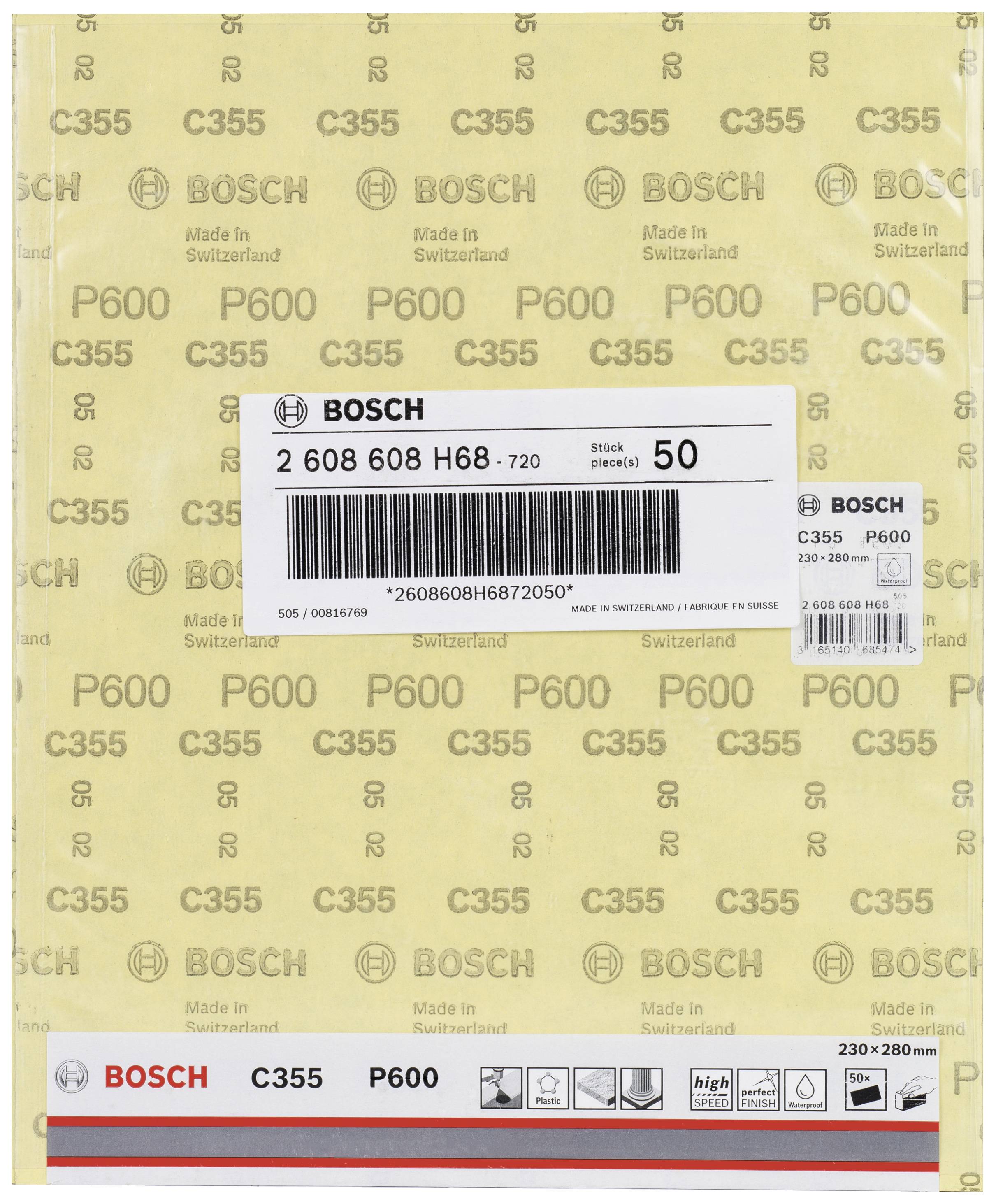 Sandpapier von Bosch, Modell C355, Körnung P600, Größe 230x280 mm, hergestellt in der Schweiz. Verpackung mit 50 Blatt.