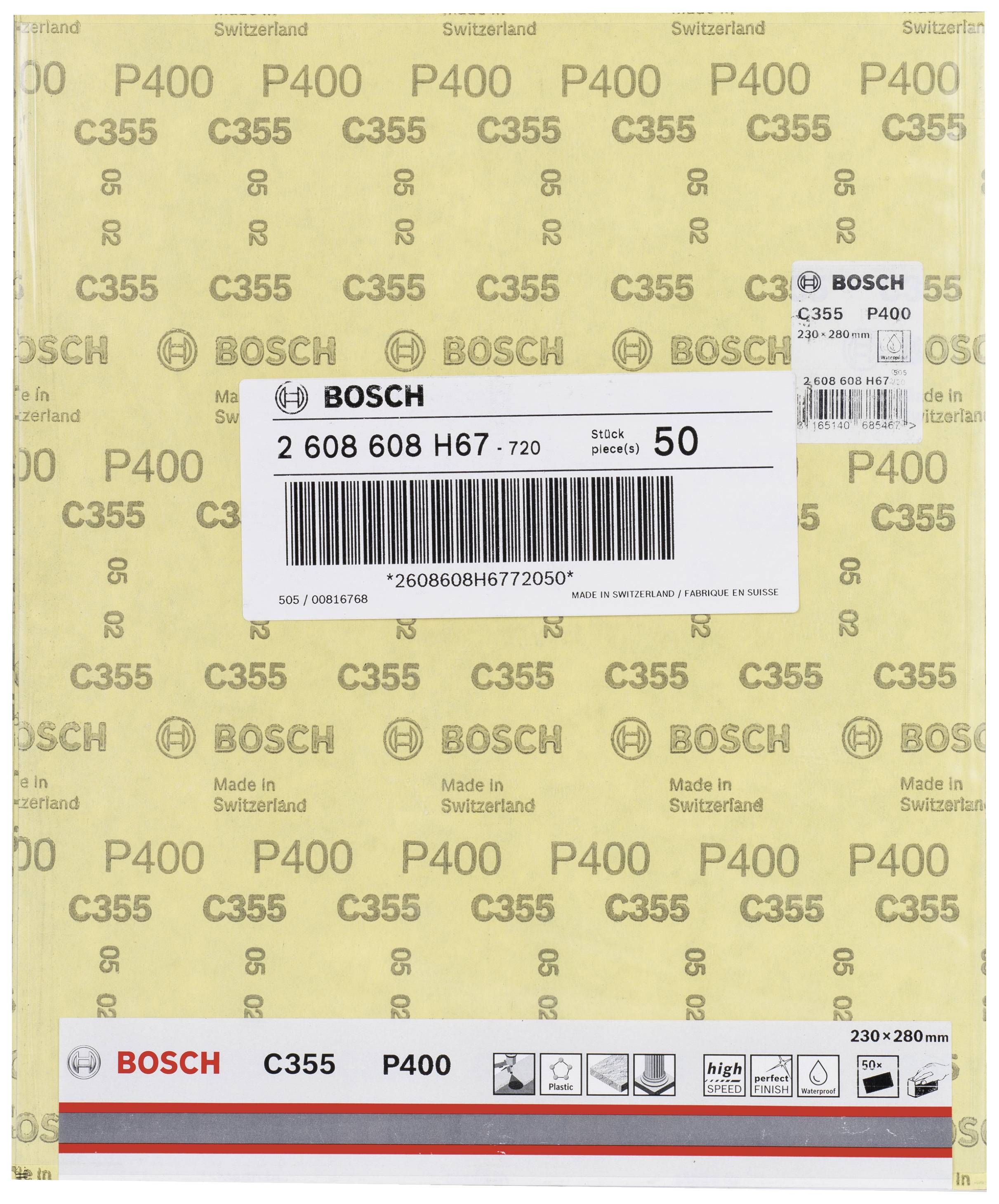 Sandpapier Bosch C355, Größe 230x280 mm, Körnung P400, 50 Blätter pro Packung, in der Schweiz hergestellt.