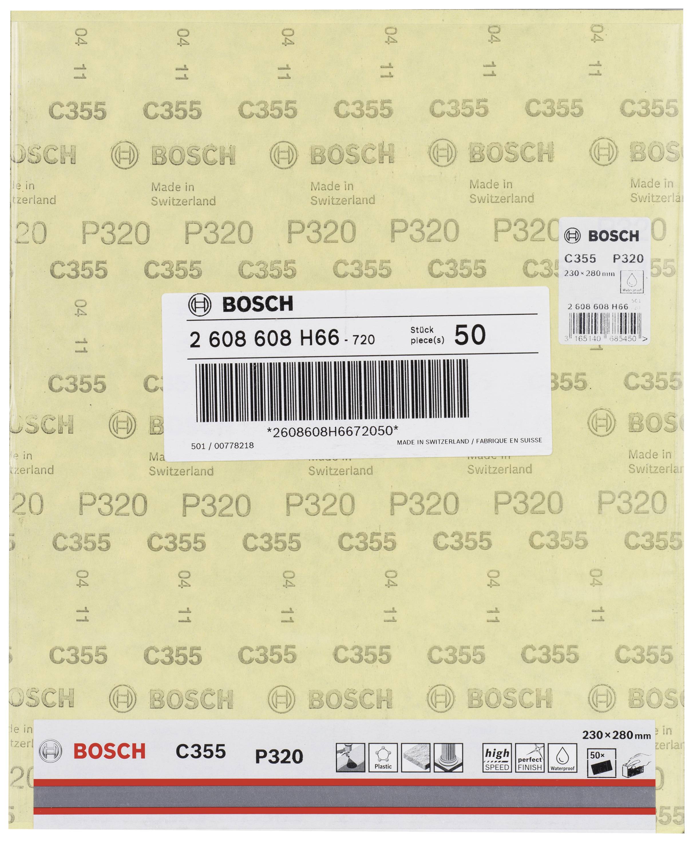 Schleifpapier Bogen von Bosch, Typ C355, Körnung P320, 50 Stück, Maße 230x280 mm, hergestellt in der Schweiz.