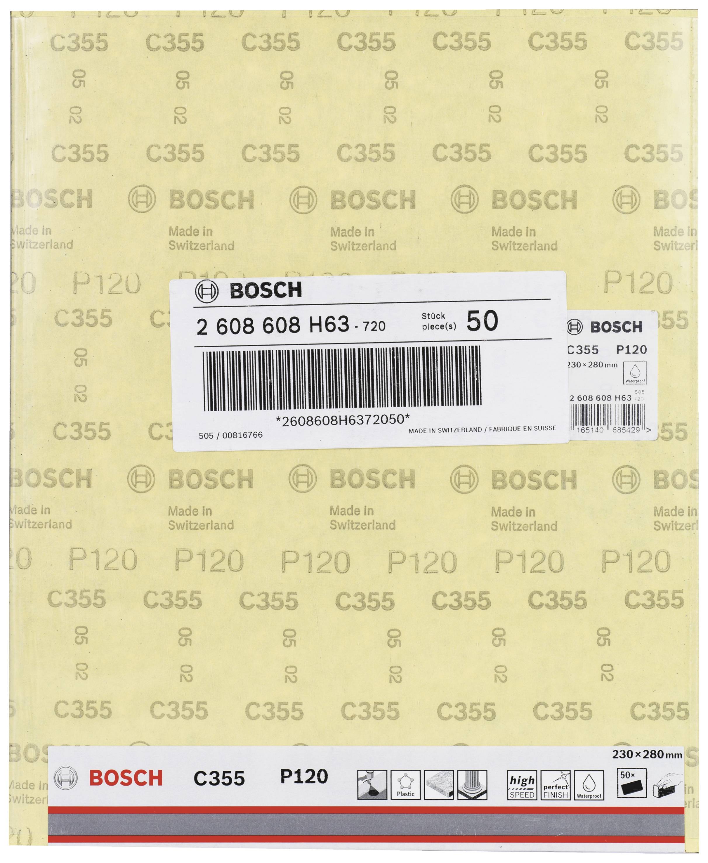 'Bosch' Schleifpapier-Packung, Typ C355, Körnung P120, 230x280 mm, hergestellt in der Schweiz. Produktnummer: 2 608 608 H63.