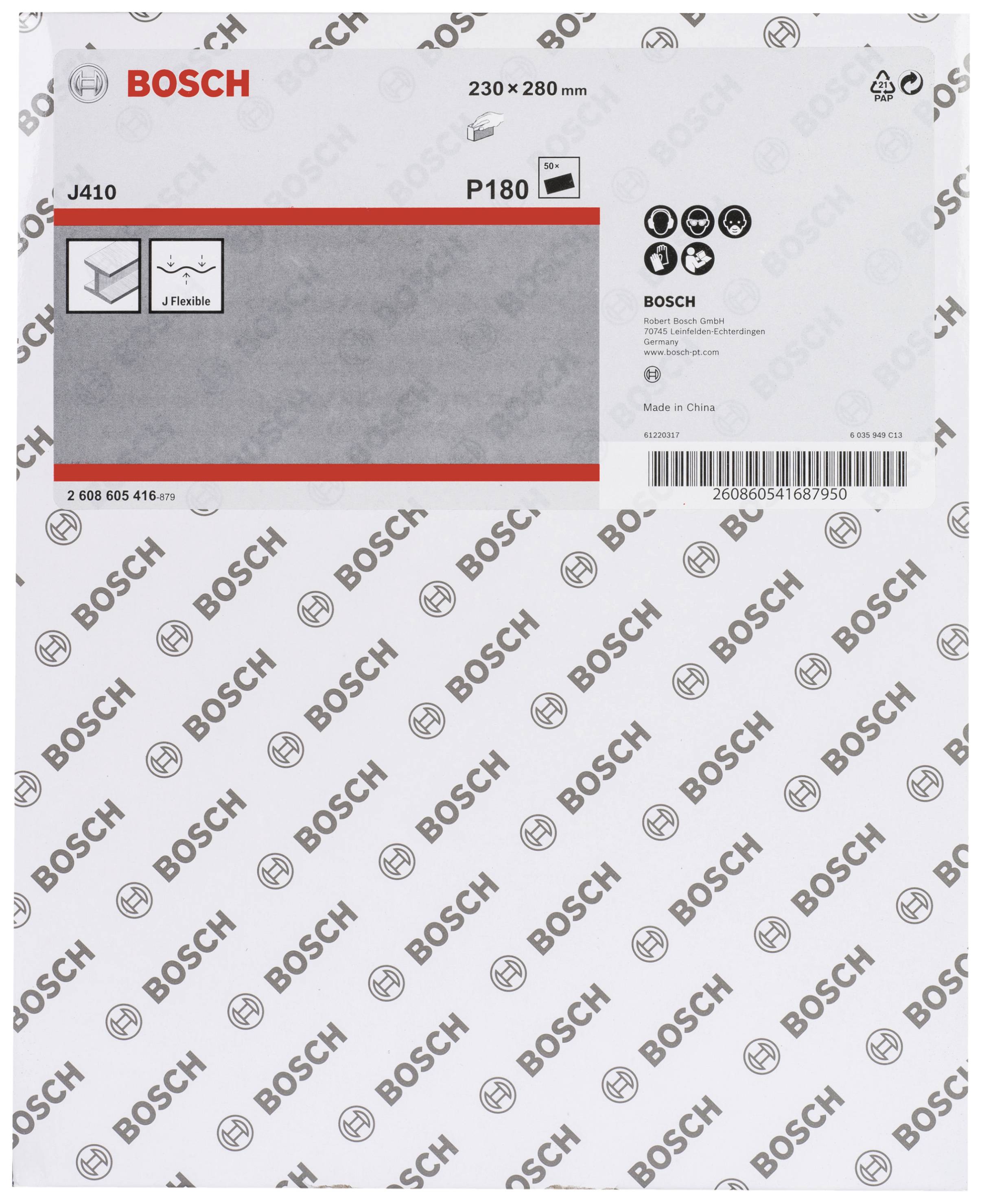 Schleifpapier-Verpackung der Marke Bosch, Größe 230x280 mm, Körnung P180, für Holzverarbeitung, hergestellt in China.
