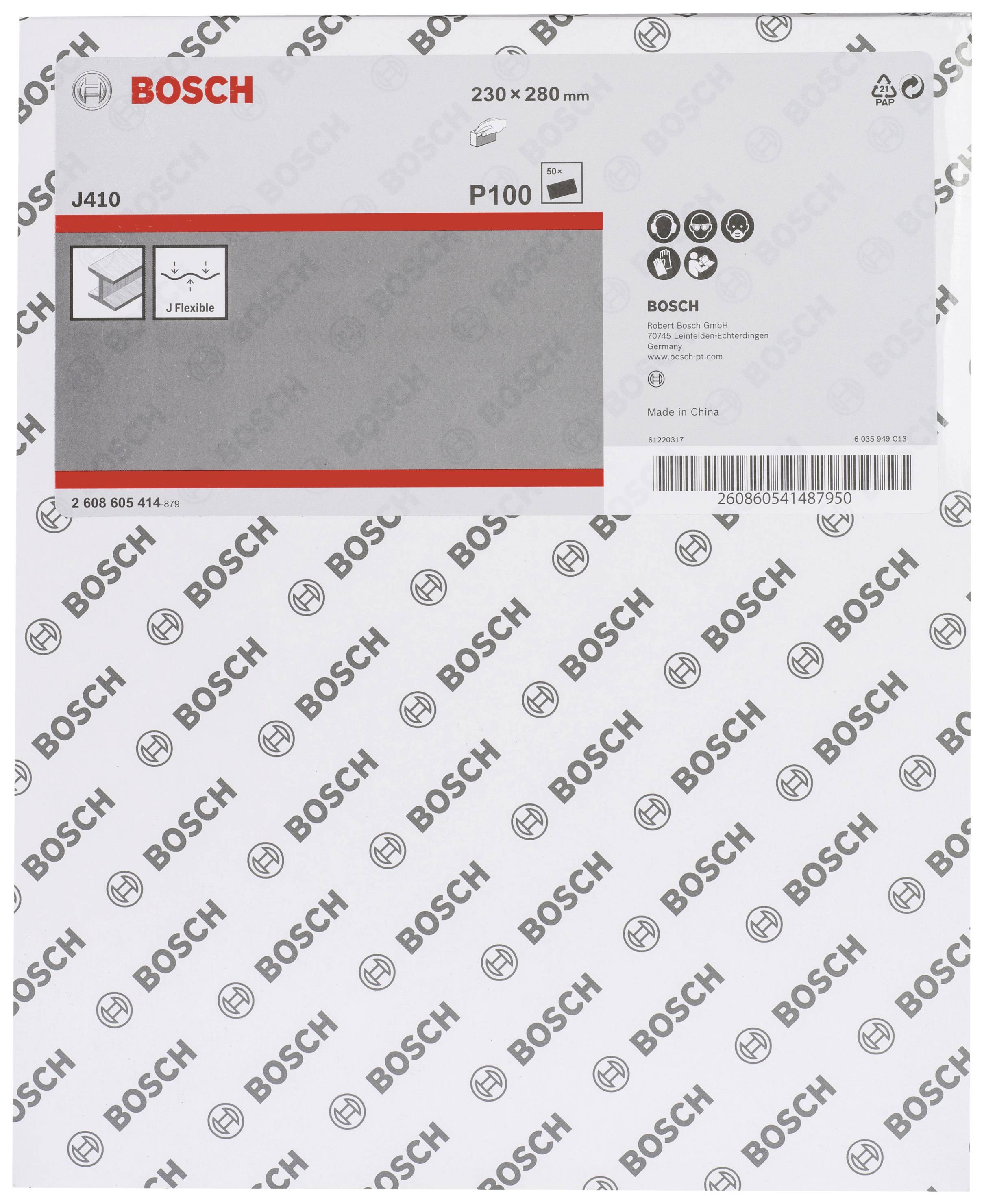 'Bosch' Schleifpapier-Verpackung, Maße 230 x 280 mm, Körnung P100, Produktcode 2 608 605 414, hergestellt in China.
