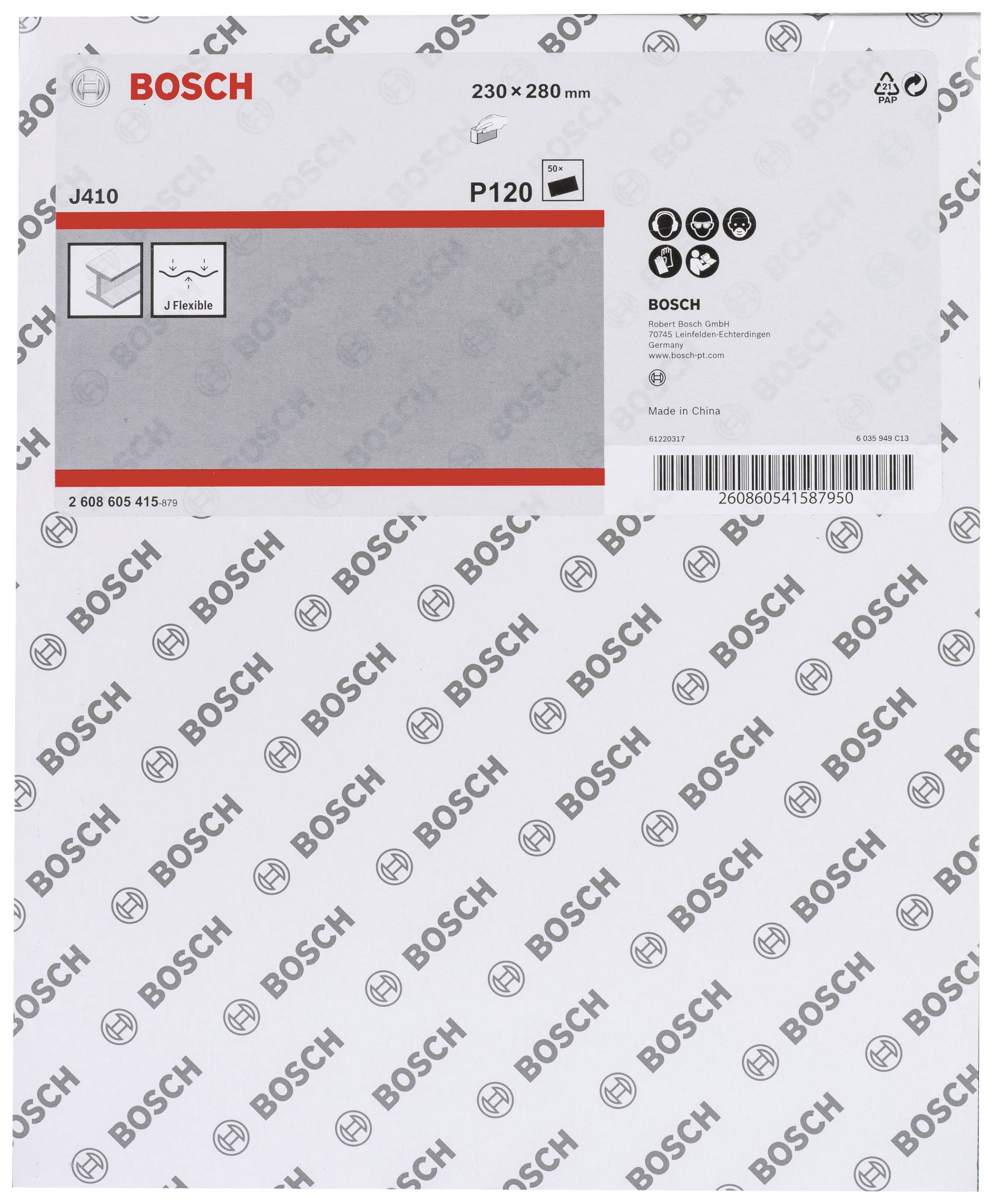 Sandpapier von Bosch, Größe 230 x 280 mm, Körnung P120, für flexiblen Einsatz. Verpackung zeigt Markenlogo und Produktinformation.