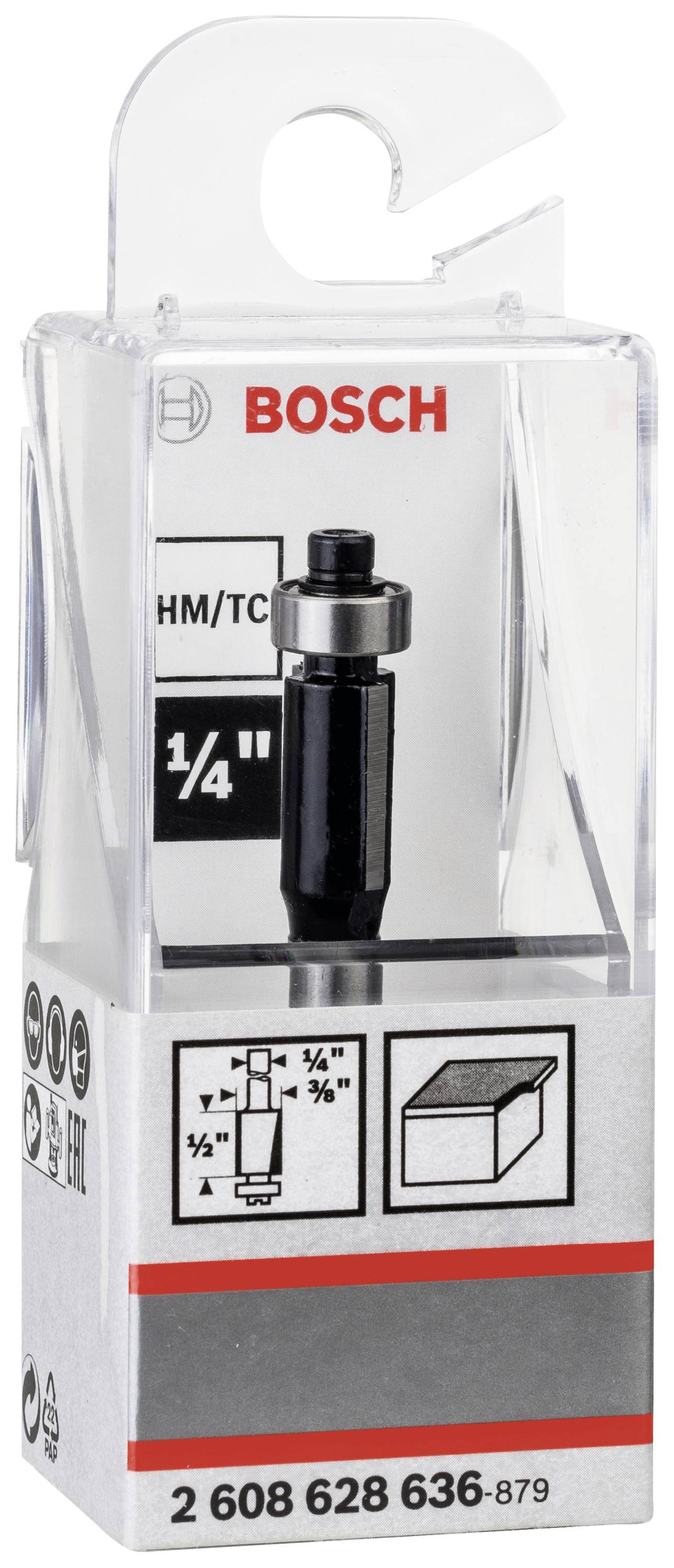 Bosch Fräser im transparenten Kunststoffgehäuse. Verpackung zeigt Fräserabmessungen und Grafik mit Nutzungshinweis für Eckenfräsen.