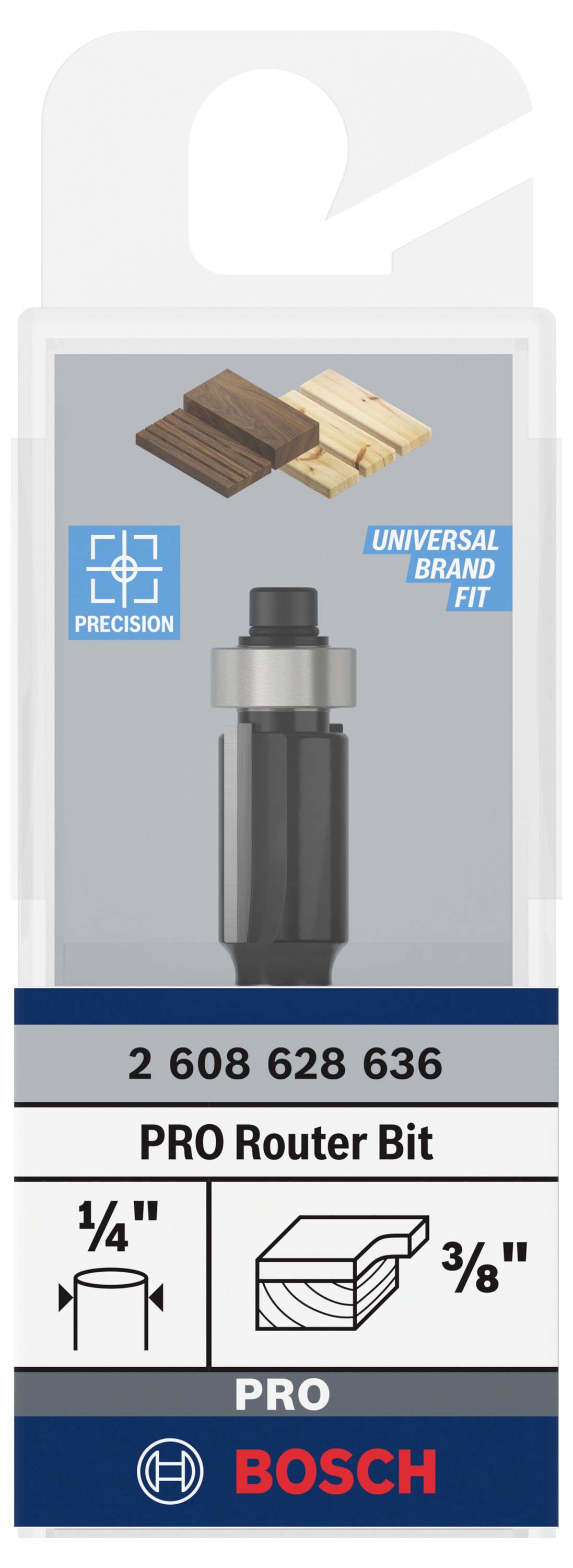 Fräser für Holz, passend für Universalmarken, mit Präzisionsfit-Symbol. Enthält Maße: 1/4 Zoll und 3/8 Zoll. Marke: Bosch.