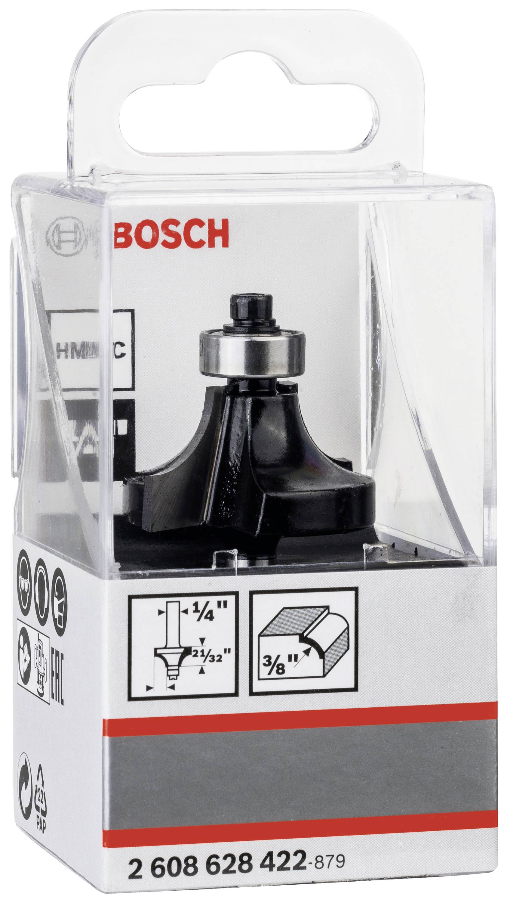 'Bohrer aus Hartmetall' in einer Bosch-Verpackung, zeigt Anwendungsbeispiele und technische Spezifikationen auf der Vorderseite der Schachtel.