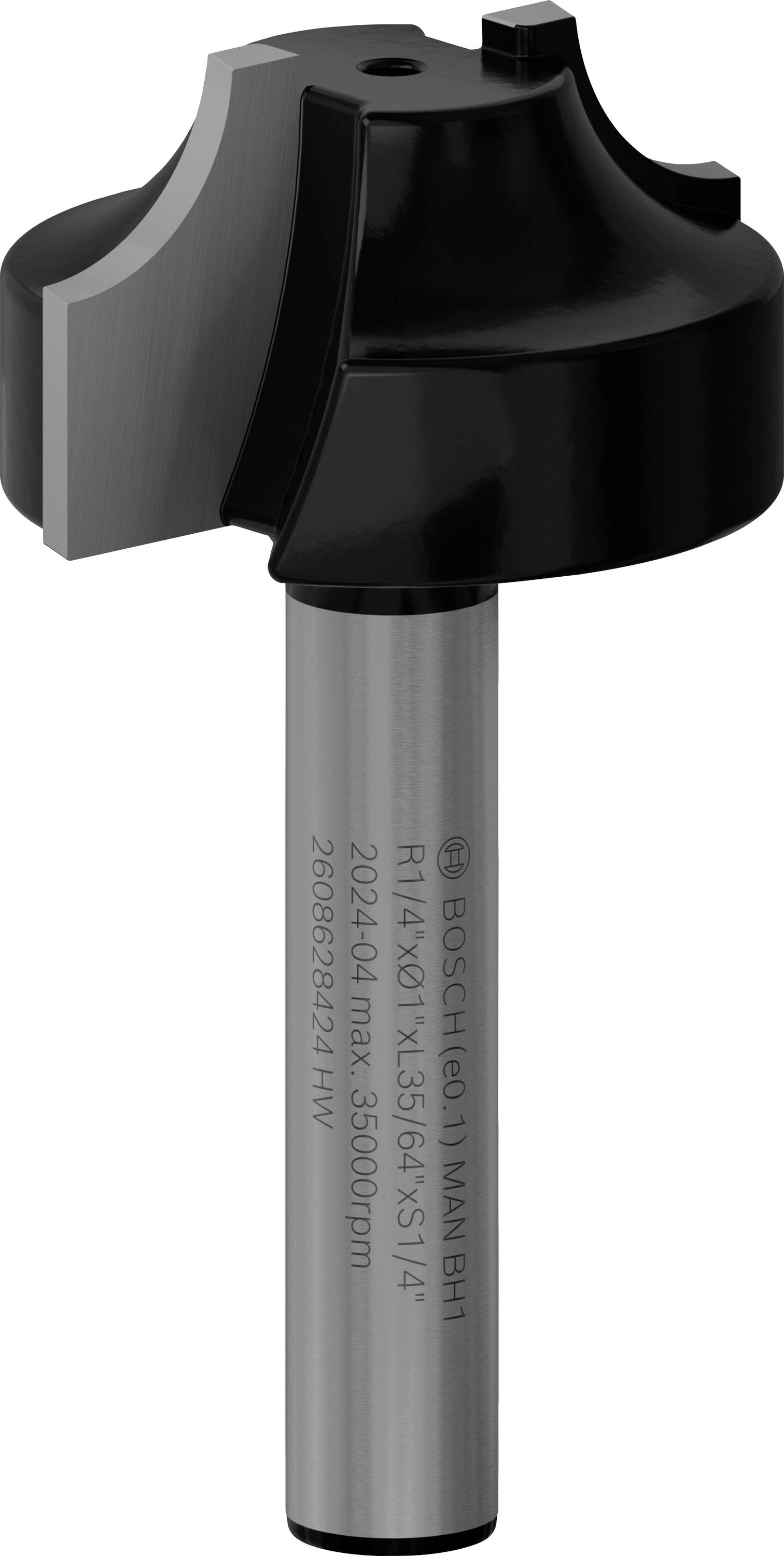 Ein Bosch Fräser mit zylindrischem Schaft und rundem, zweischneidigem Kopf, geeignet für Holzarbeiten. Enthält technische Spezifikationen auf dem Schaft.